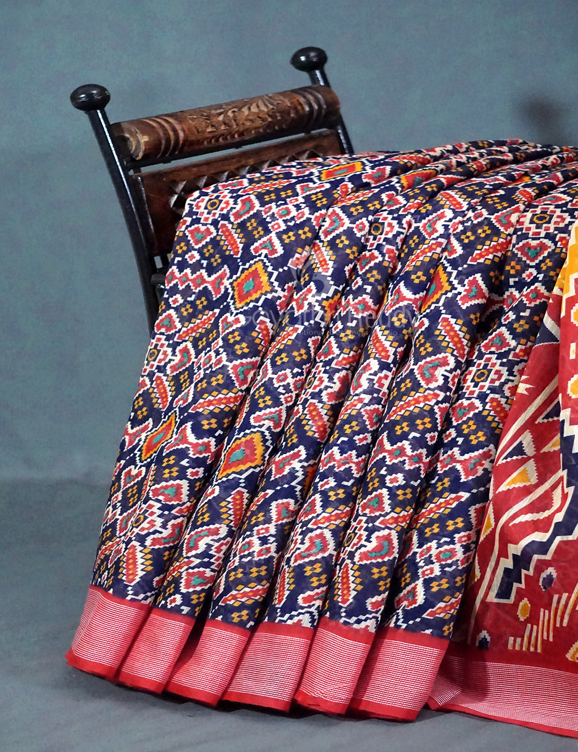 Shades of Navy Blue Colour Patola Print Semi Chanderi Saree By Gayathri Reddy Designer Studio