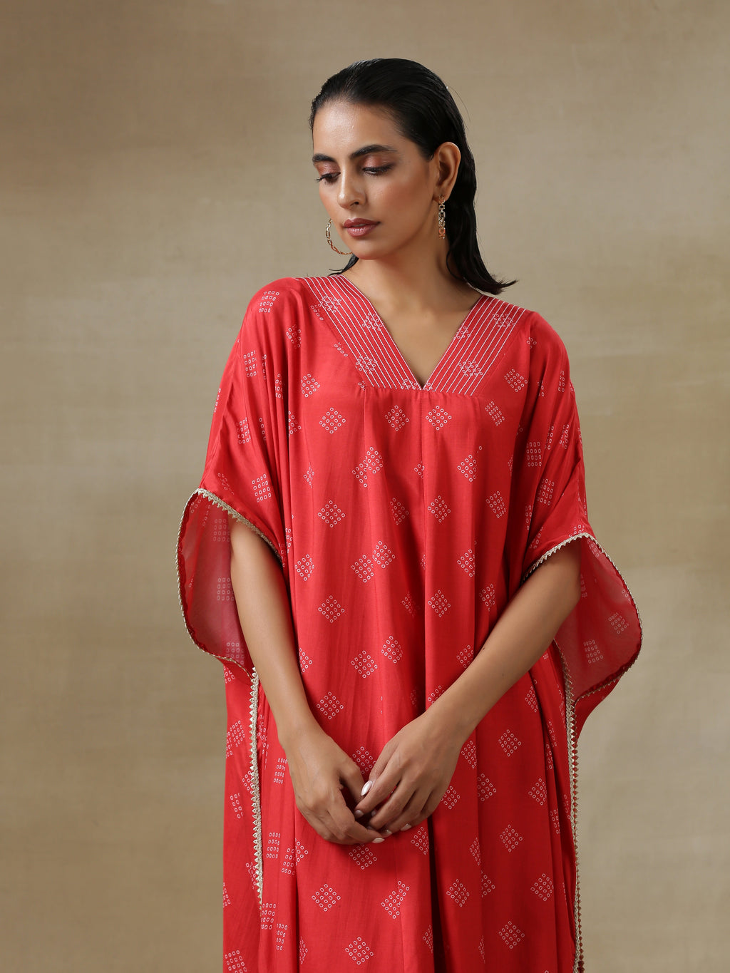 trueBrowns Red Bandhani Printed Silk Panel Kaftan Kurta Pant Set