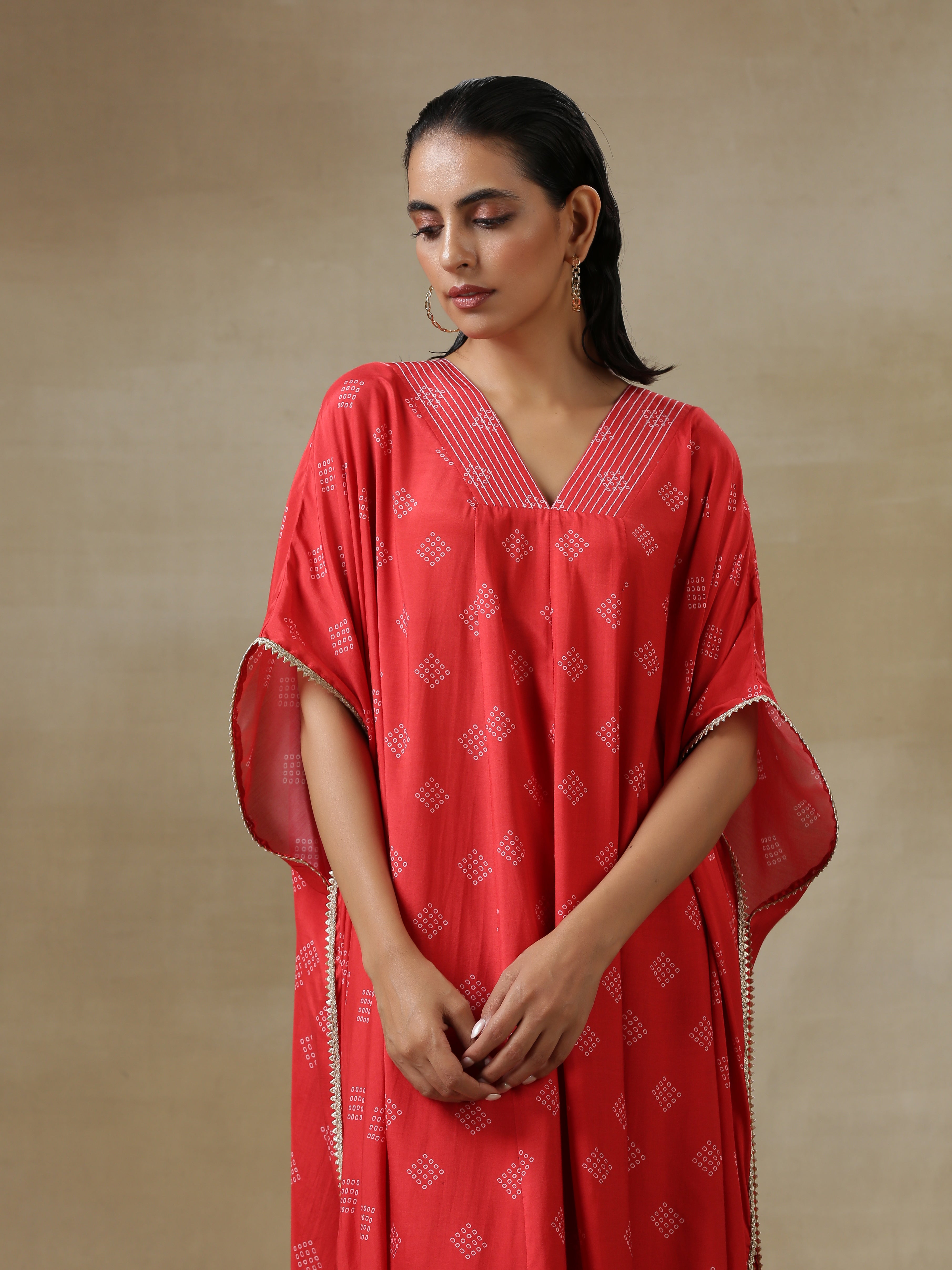 trueBrowns Red Bandhani Printed Silk Panel Kaftan Kurta Pant Set