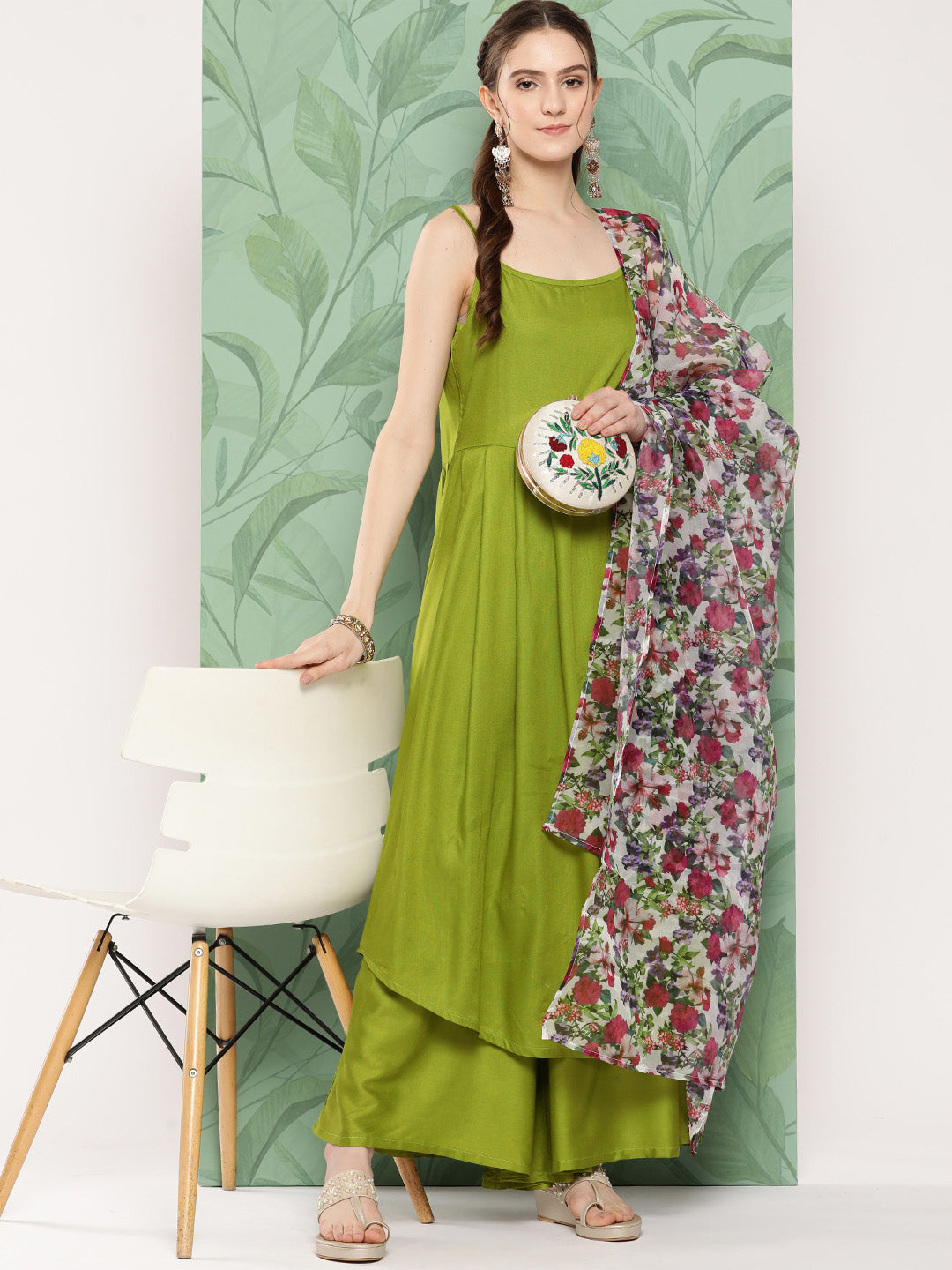 InWeave Women's Olive Strappy Set W White Pink Or Duptta