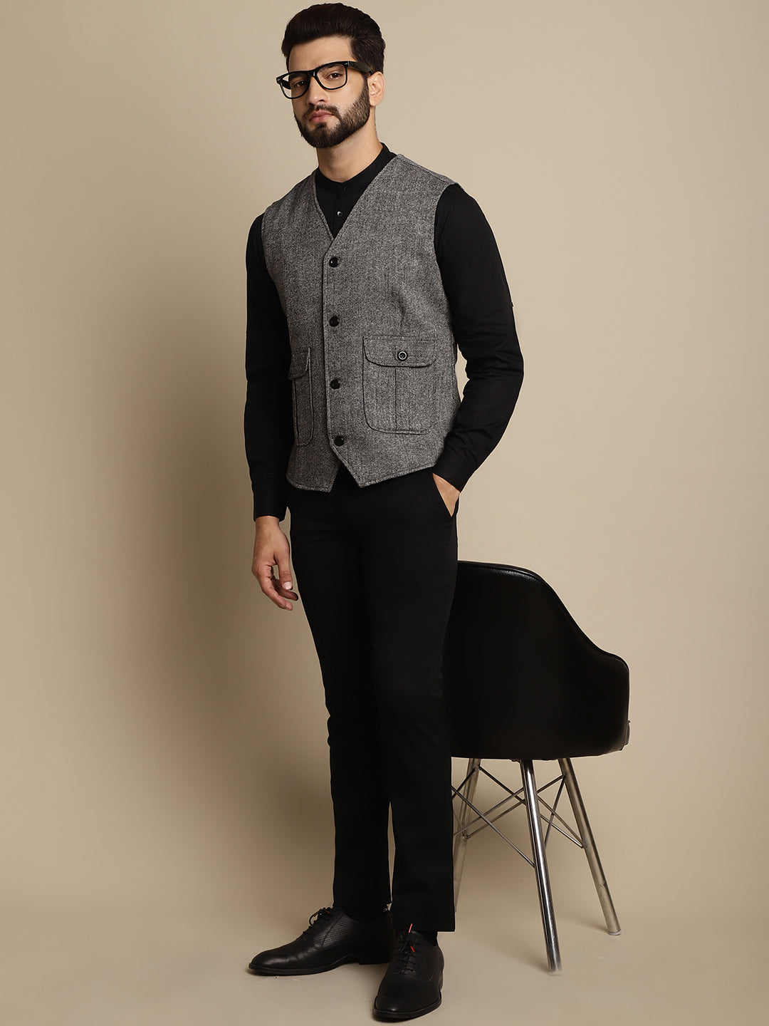 Even Apparels Men's Black Woolen Waistcoat With Patch Pocket