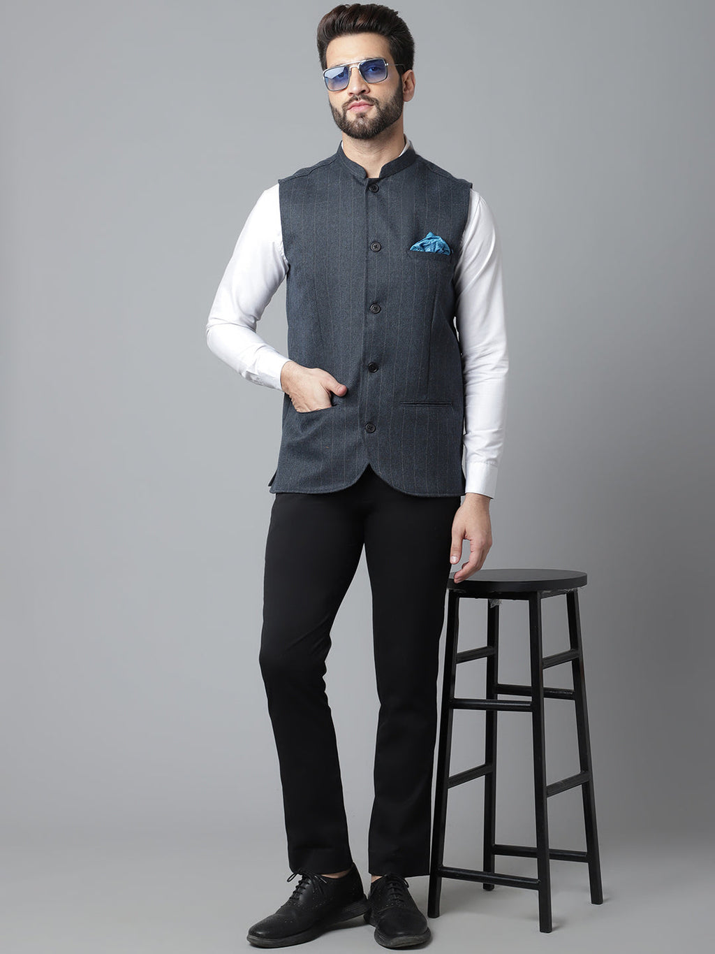 Even Apparels Men's Blue Nehru Jacket With Welt Pockets