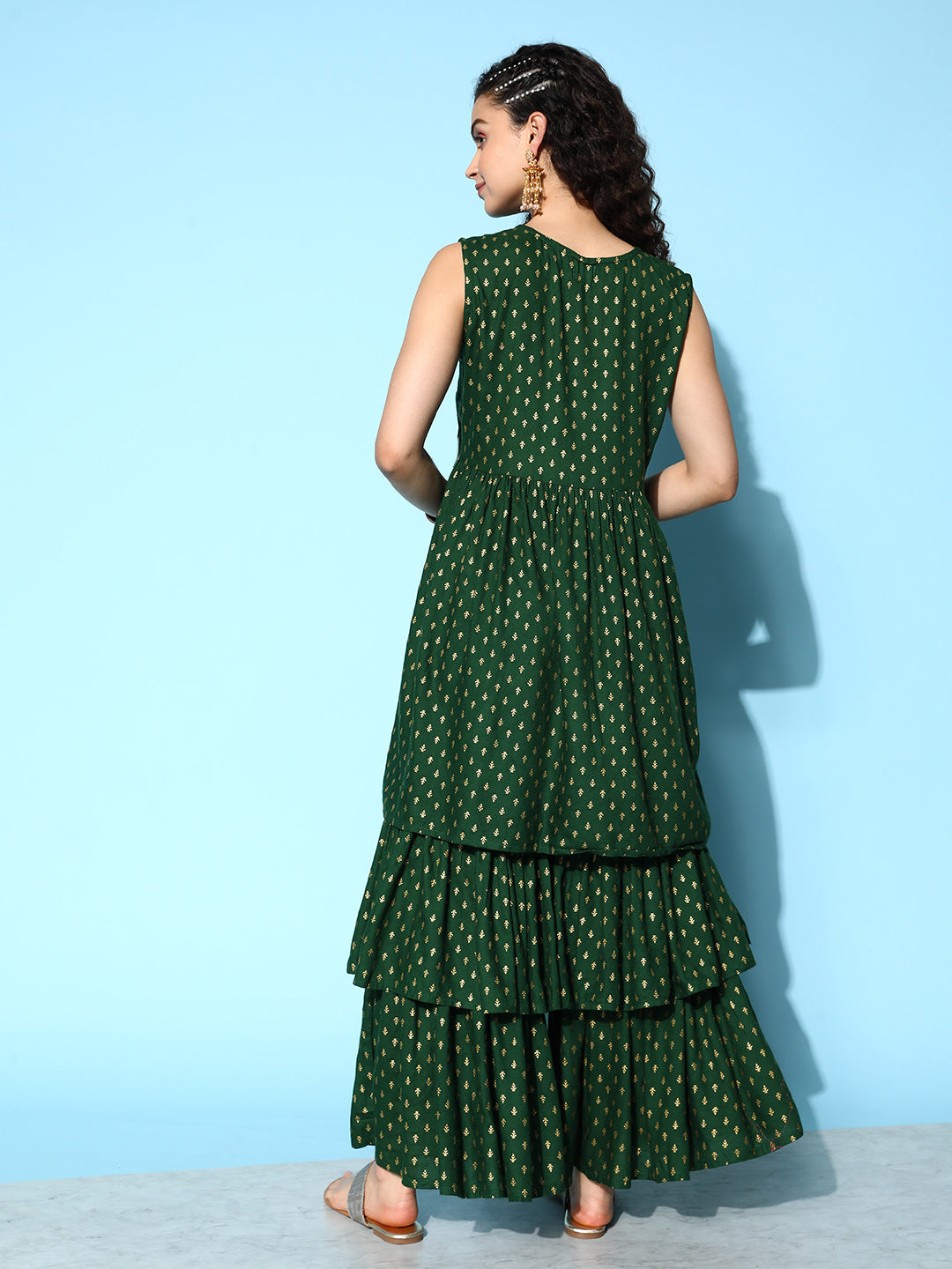 InWeave Women's Forest Green Gold Print Tiered Sharara Set