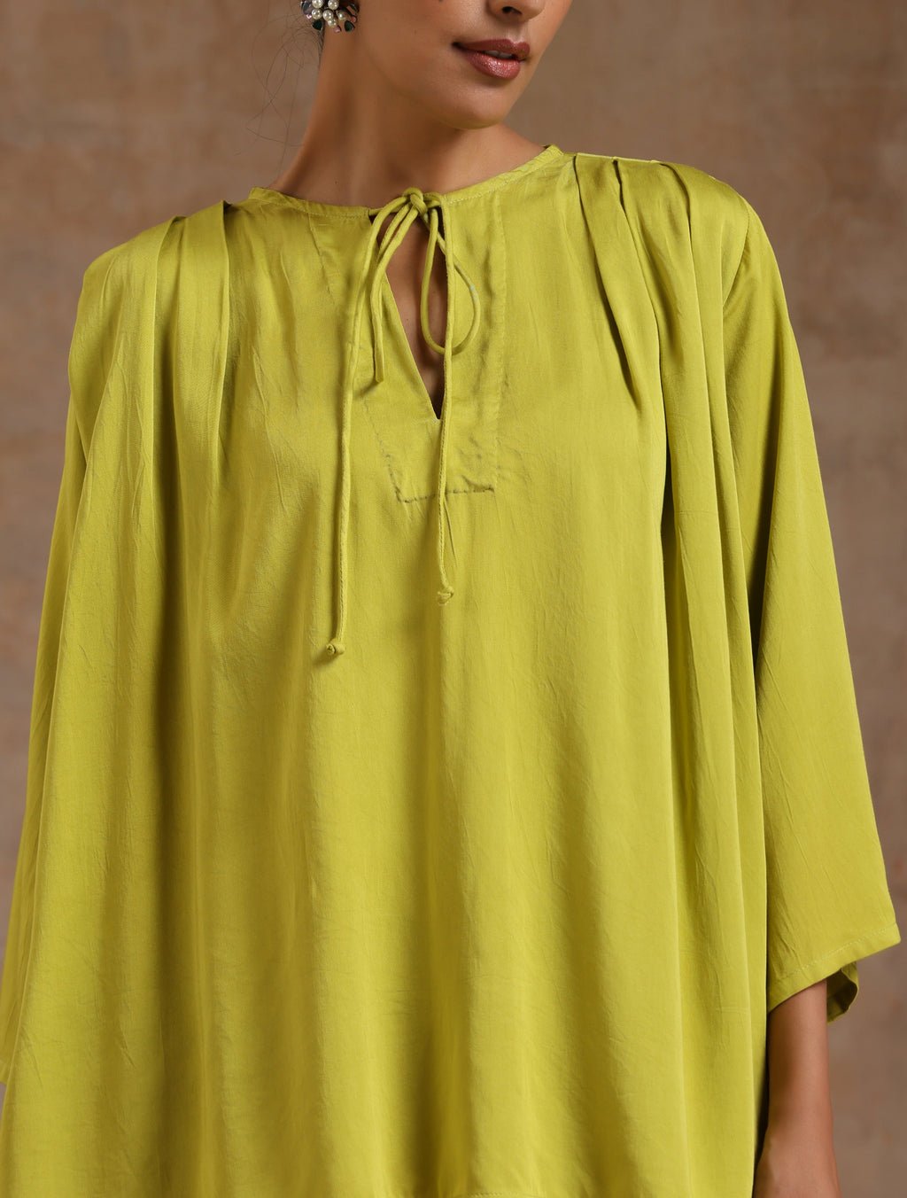 trueBrowns Lime Modal Satin Shoulder Pleat Co-Ord Set