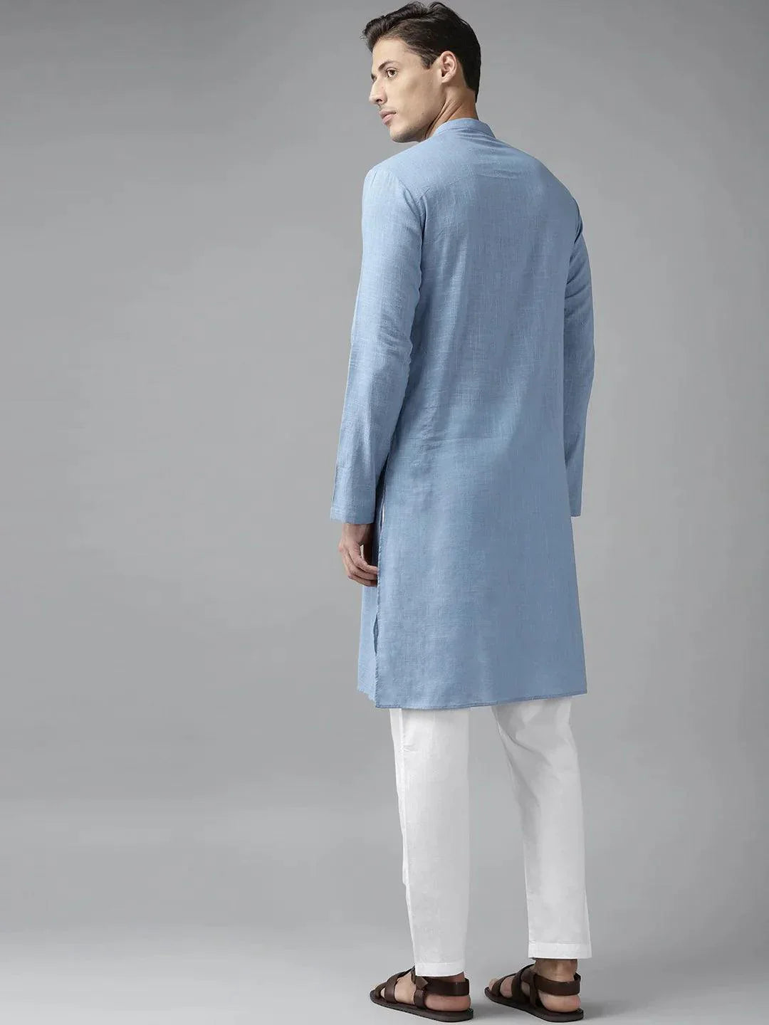 Fabmade Men Blue Cotton Linen Kurta Pyjama