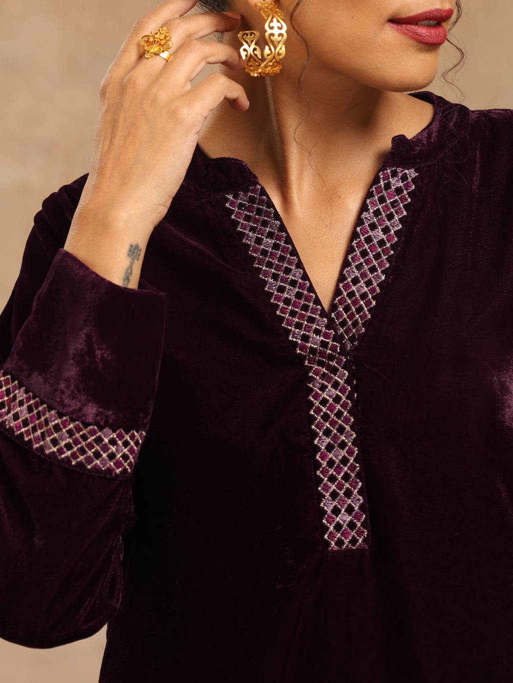 trueBrowns Wine Velvet Placket Embroidered Co-ord Set