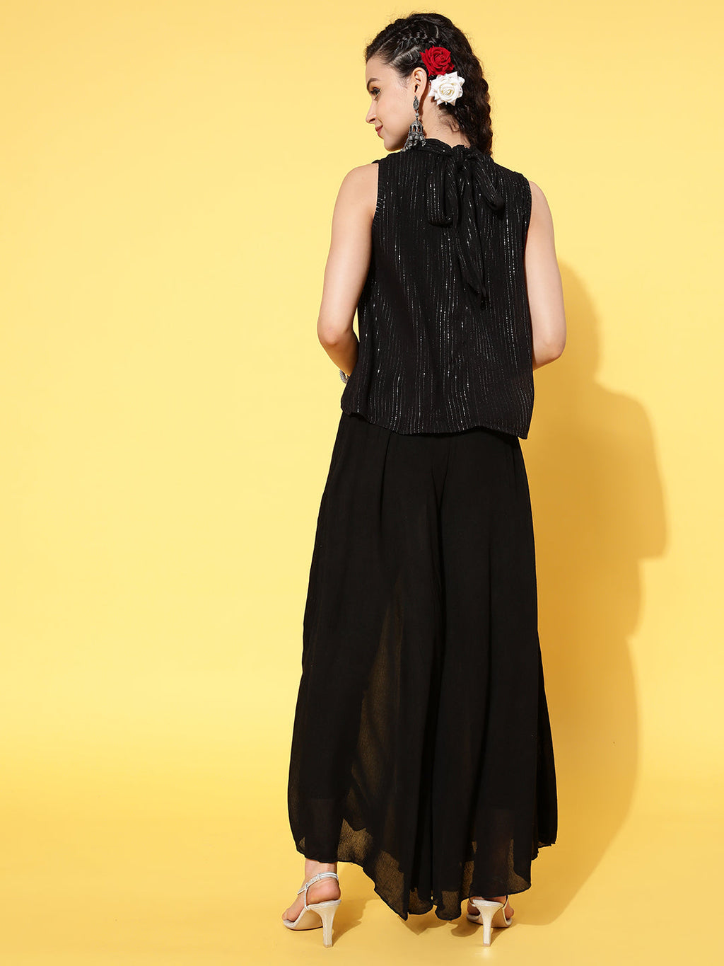 InWeave Women's Black Lurex Top With Flared Pallazo