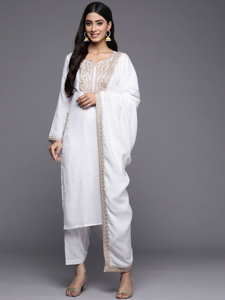 Ahalyaa Women White Ethnic Motifs Embroidered Aari Work Pashmina Kurta with Salwar & With Dupatta