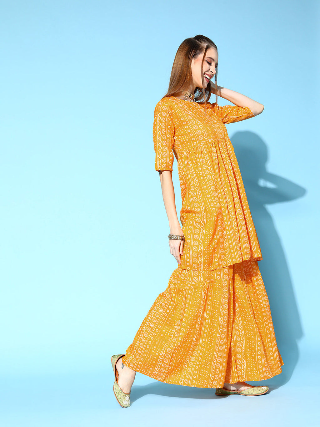 InWeave Women's Yellow Bandhani Sharara Set With Dupatta