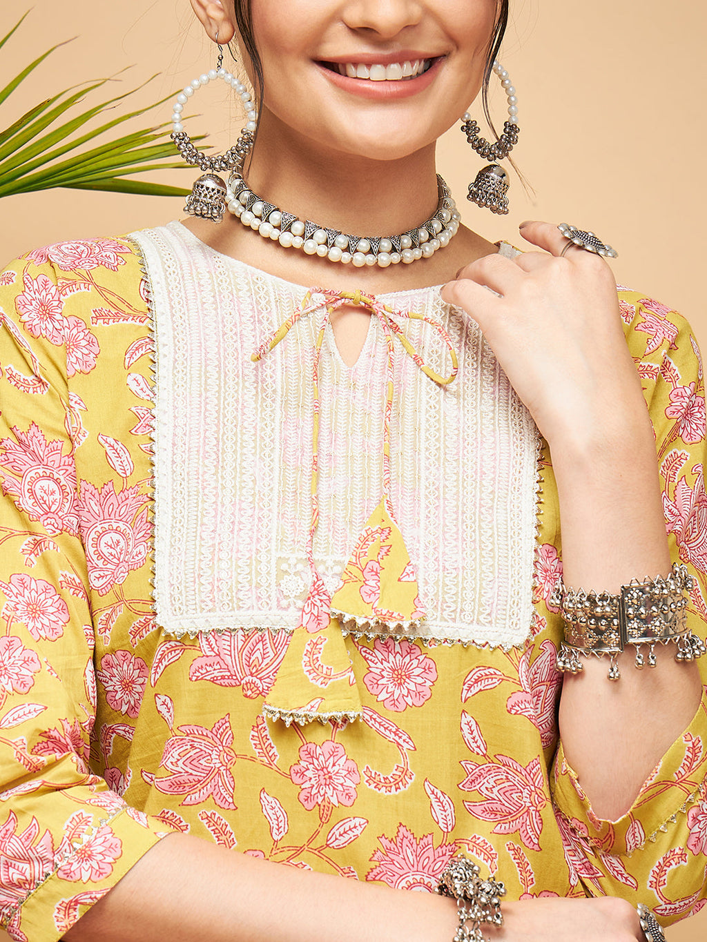 InWeave Women's Lime Pink Print Patch Cotton Straight Kurta Pant Set