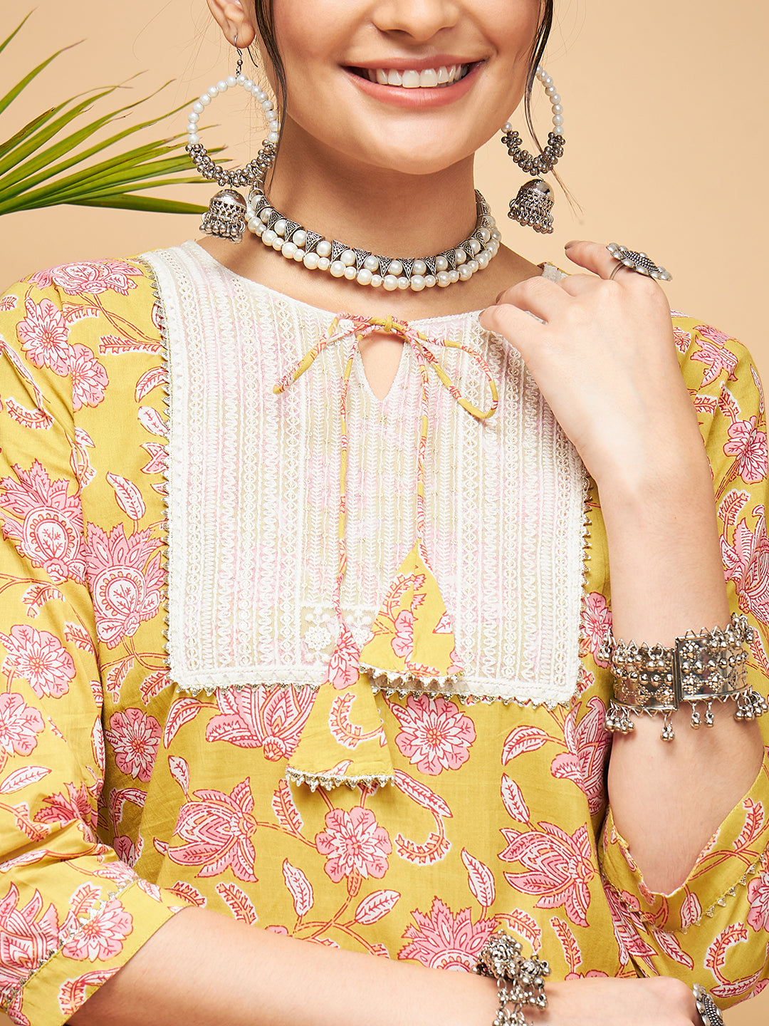 InWeave Women's Lime Pink Print Patch Cotton Straight Kurta Pant Set