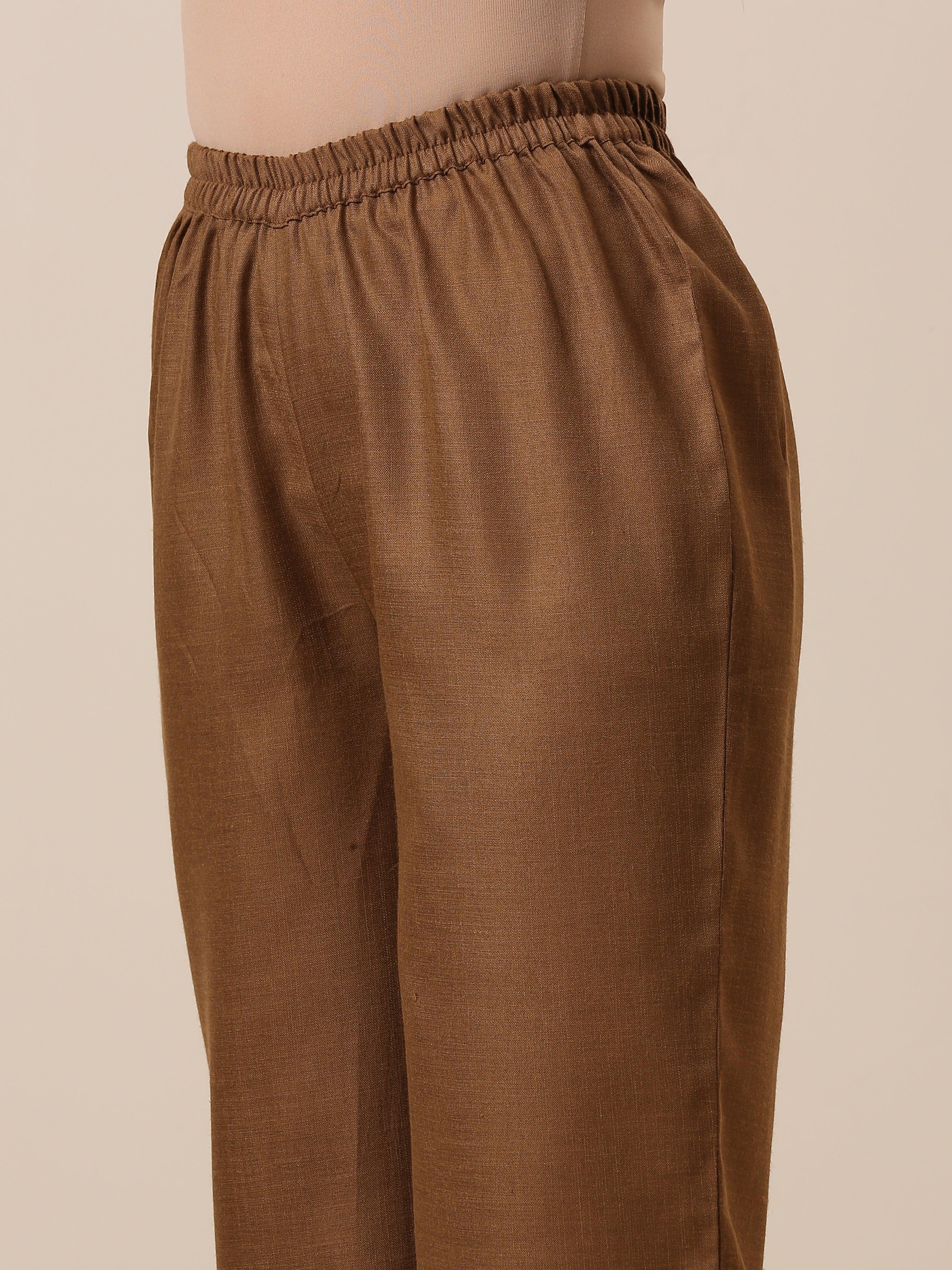 trueBrowns Linen Beige Textured Slit Kurta Pant Set