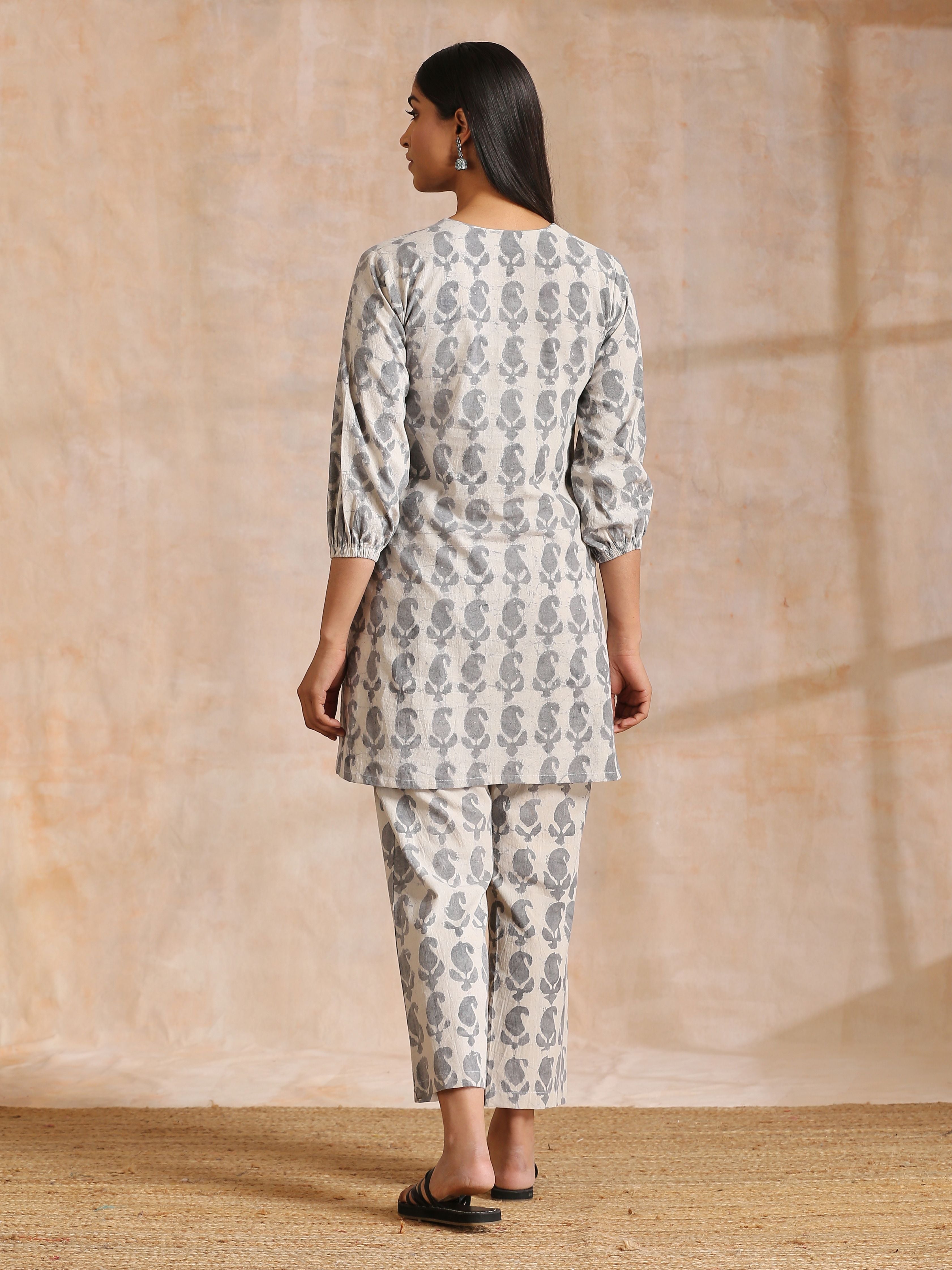 trueBrowns Grey Dabu Buta Print Cotton V-Square Neck Co-Ord Set