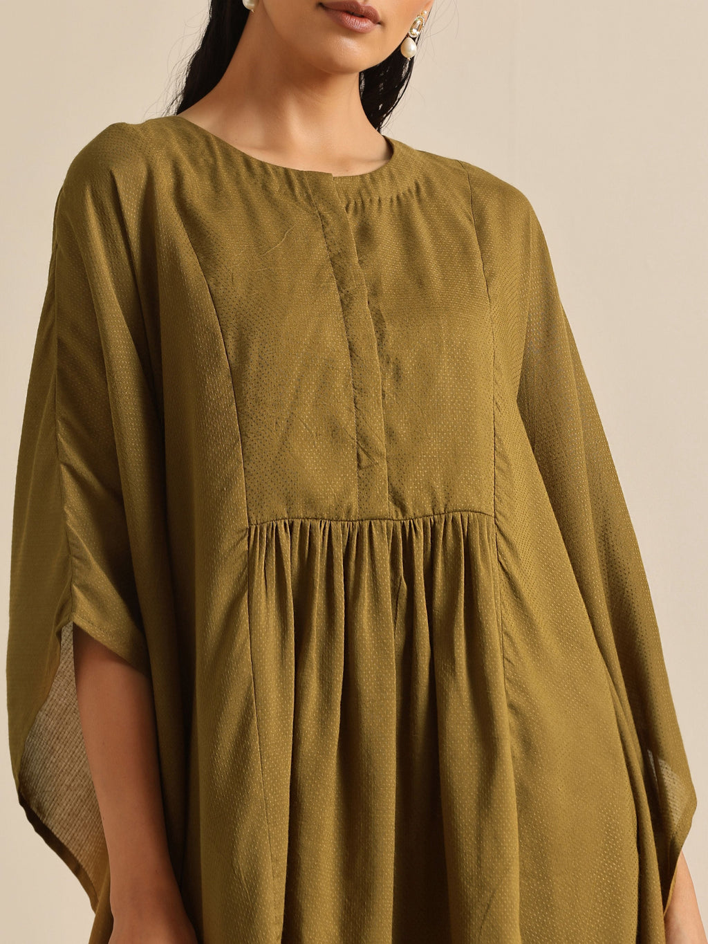 trueBrowns Olive Green Texture Doddy Kaftan Gathered Co-Ord Set