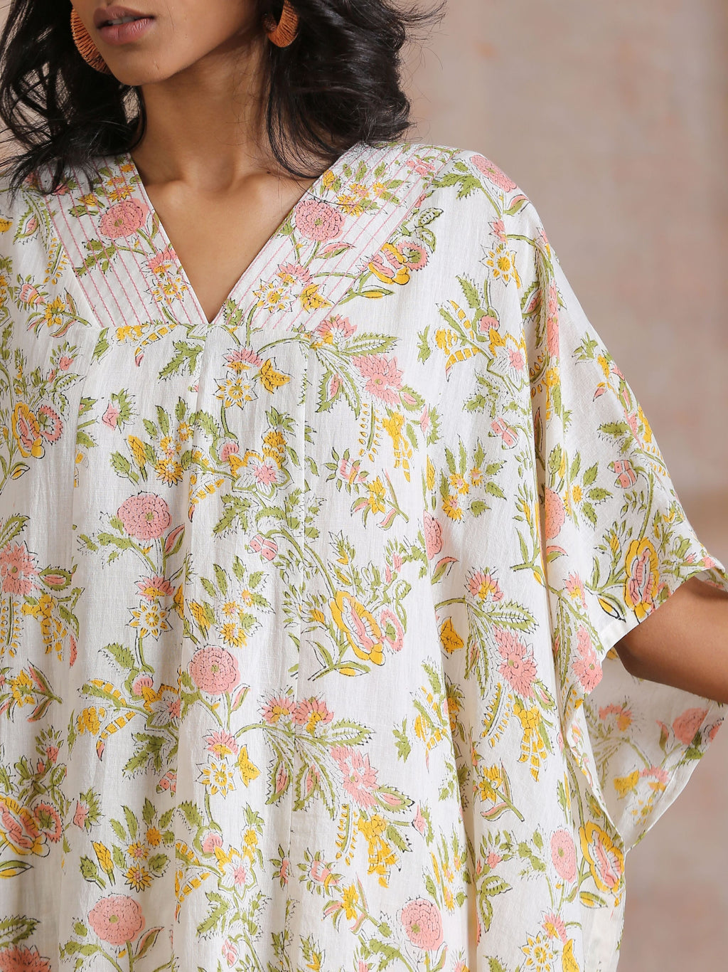 trueBrowns Pink Yellow Floral On White Block Print Cotton Panel Kaftan Kurta Pant Set