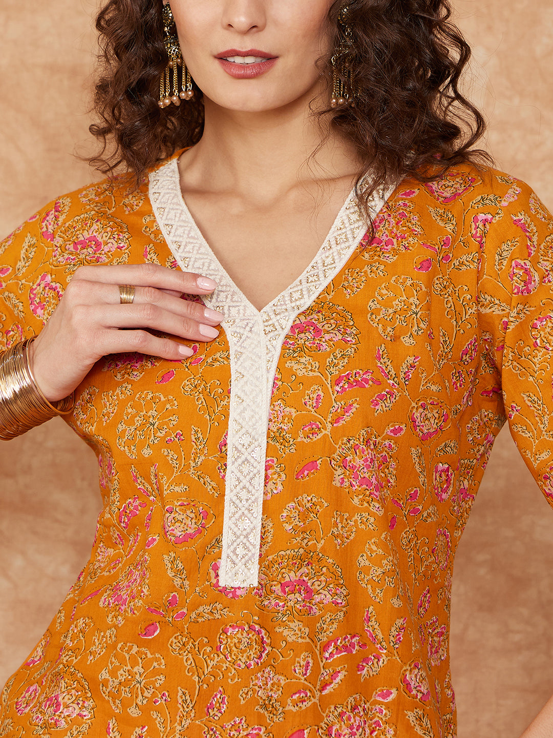 InWeave Women's Fire Yellow Print V Neck Lace Work Straight Kurta