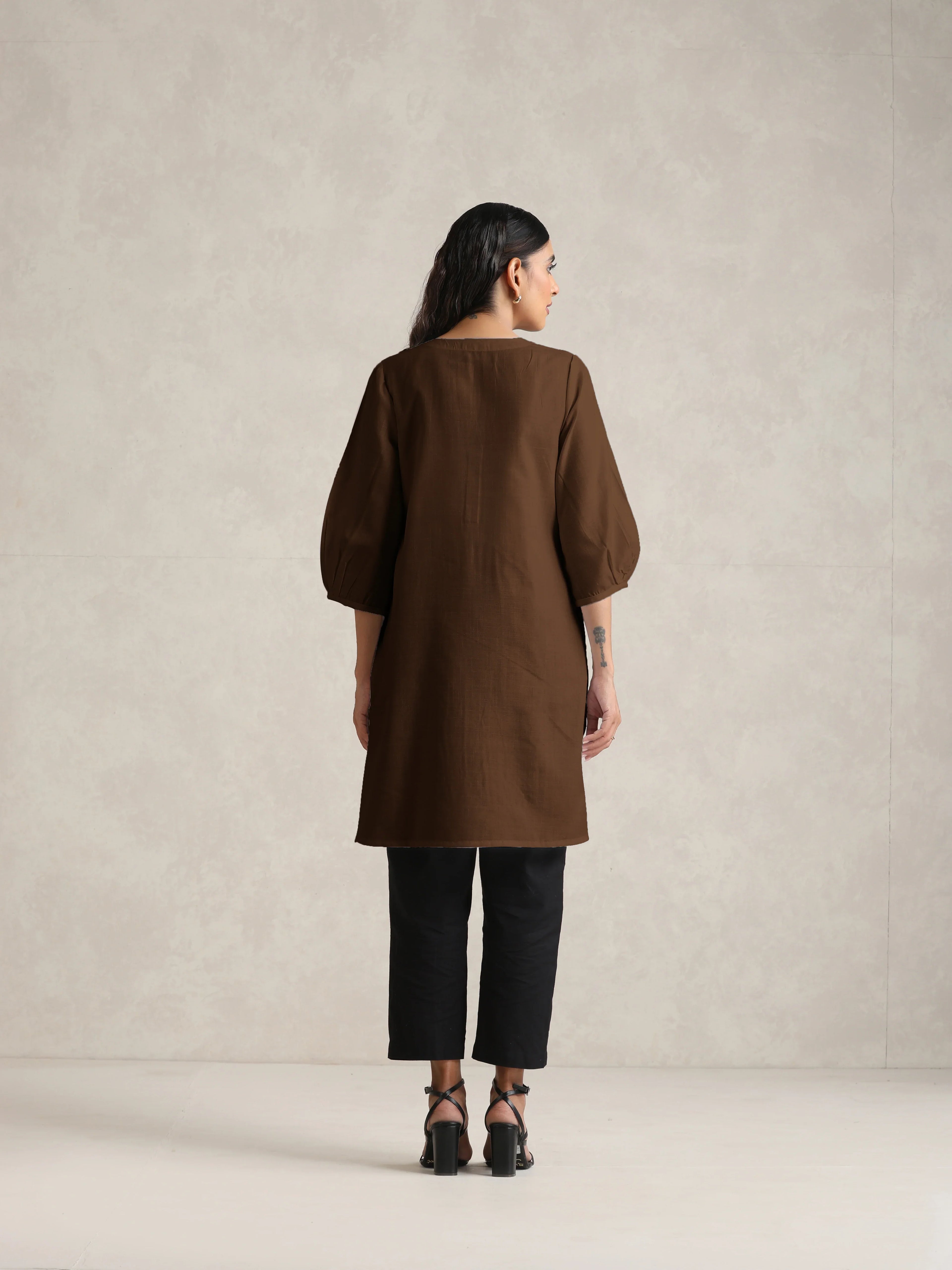 trueBrowns Brown Cotton Blend Short Kurta