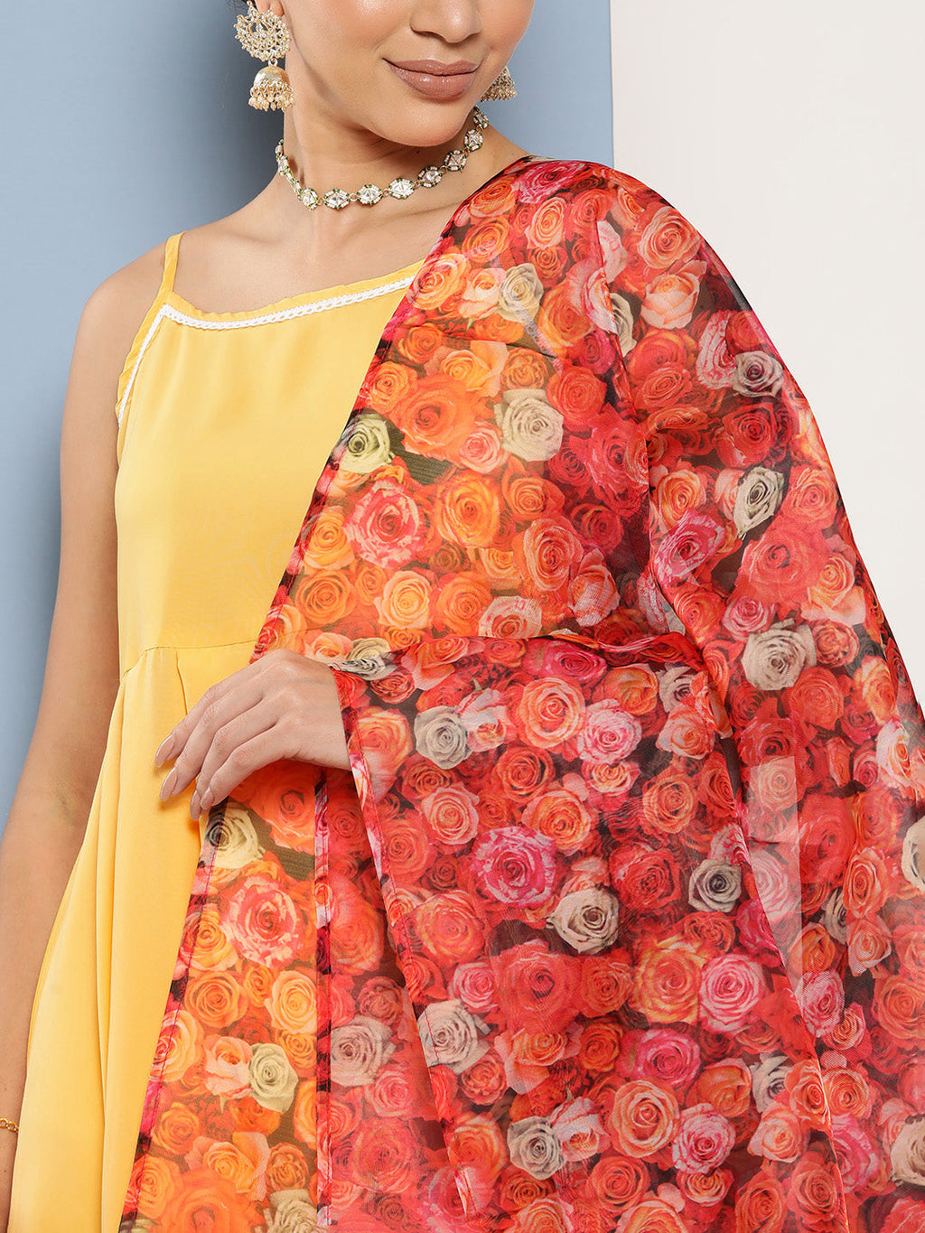 InWeave Women's Cassatta Yellow Cr Strappy Set With Rose Print Dupatta