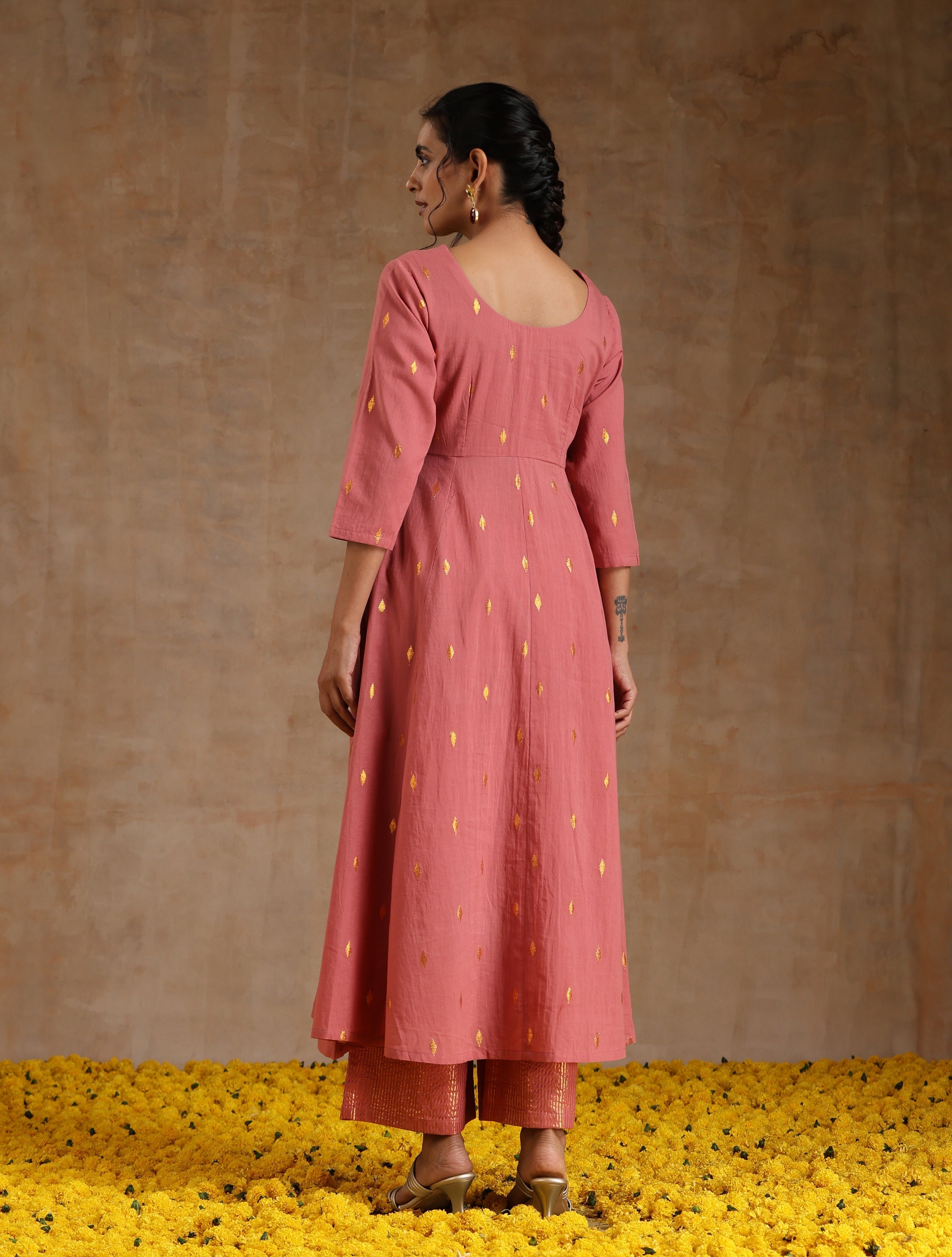 trueBrowns Blush Gold Cotton Anarkali Set