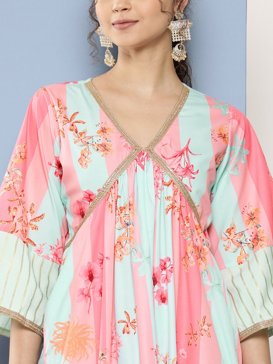 Ahalyaa Women Floral Printed Pleated Gotta Patti Kurta With Palazzos