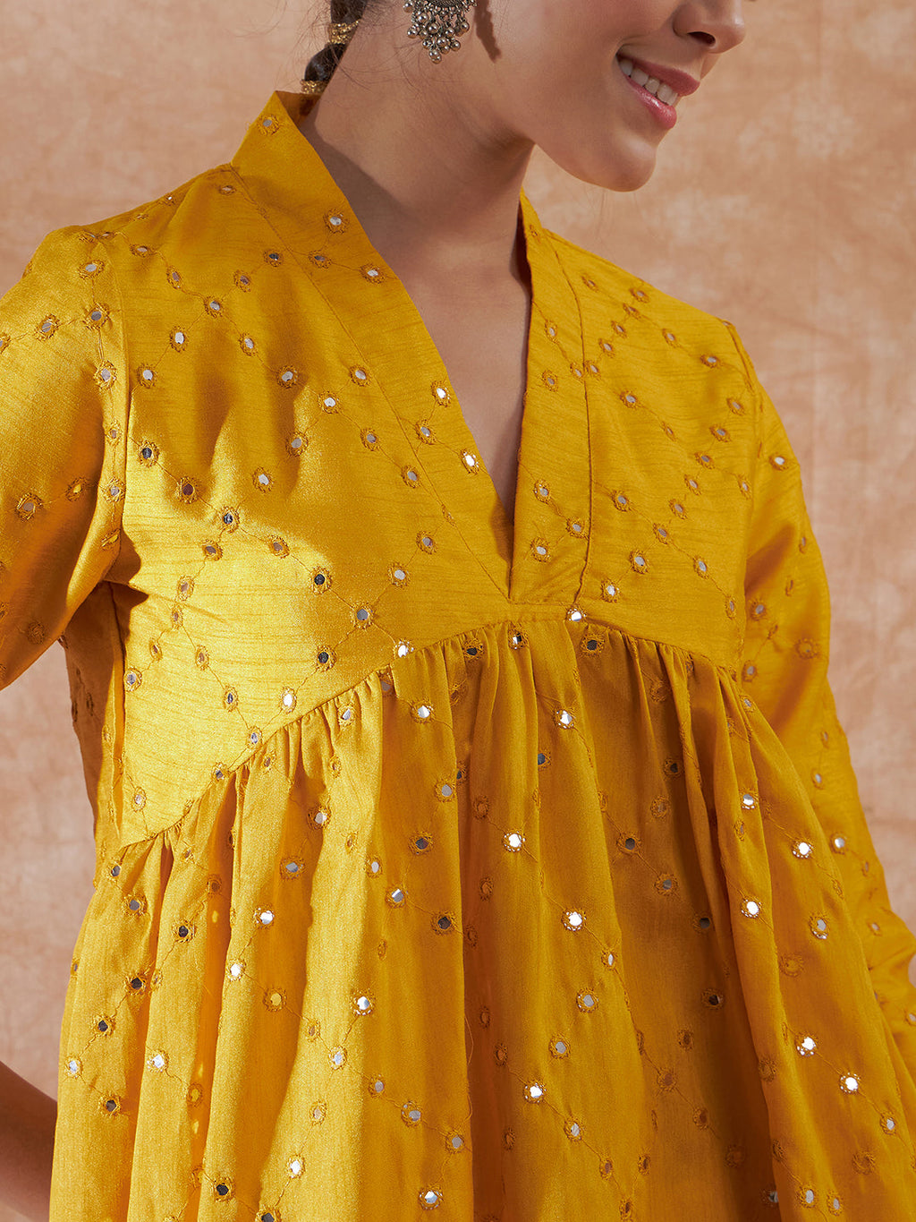 InWeave Women's Mustard Mirror Work Flared Kurta