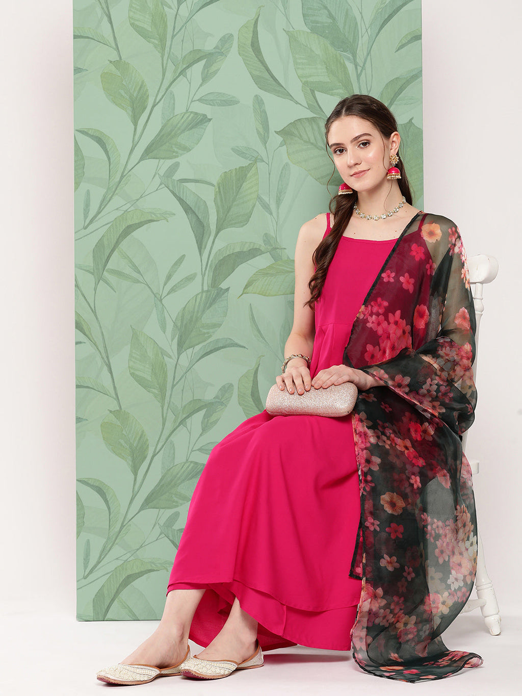 InWeave Women's Fuchsia Strappy Set W Dark Green Camelia Or Dupatta