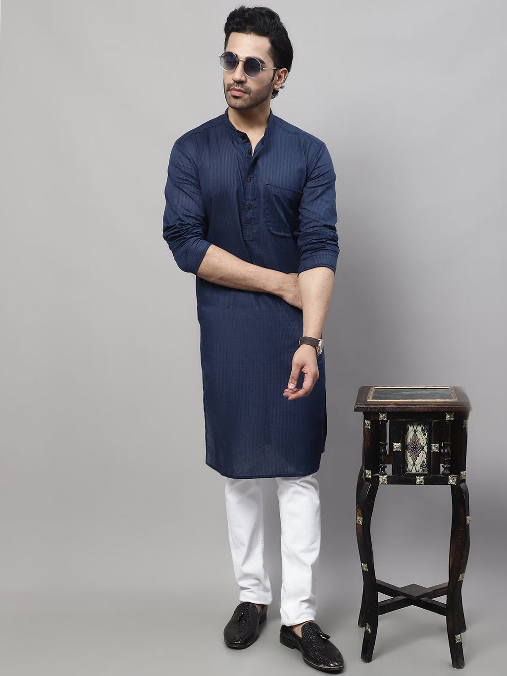 Even Apparels Blue Pure Cotton Kurta With Band Collar