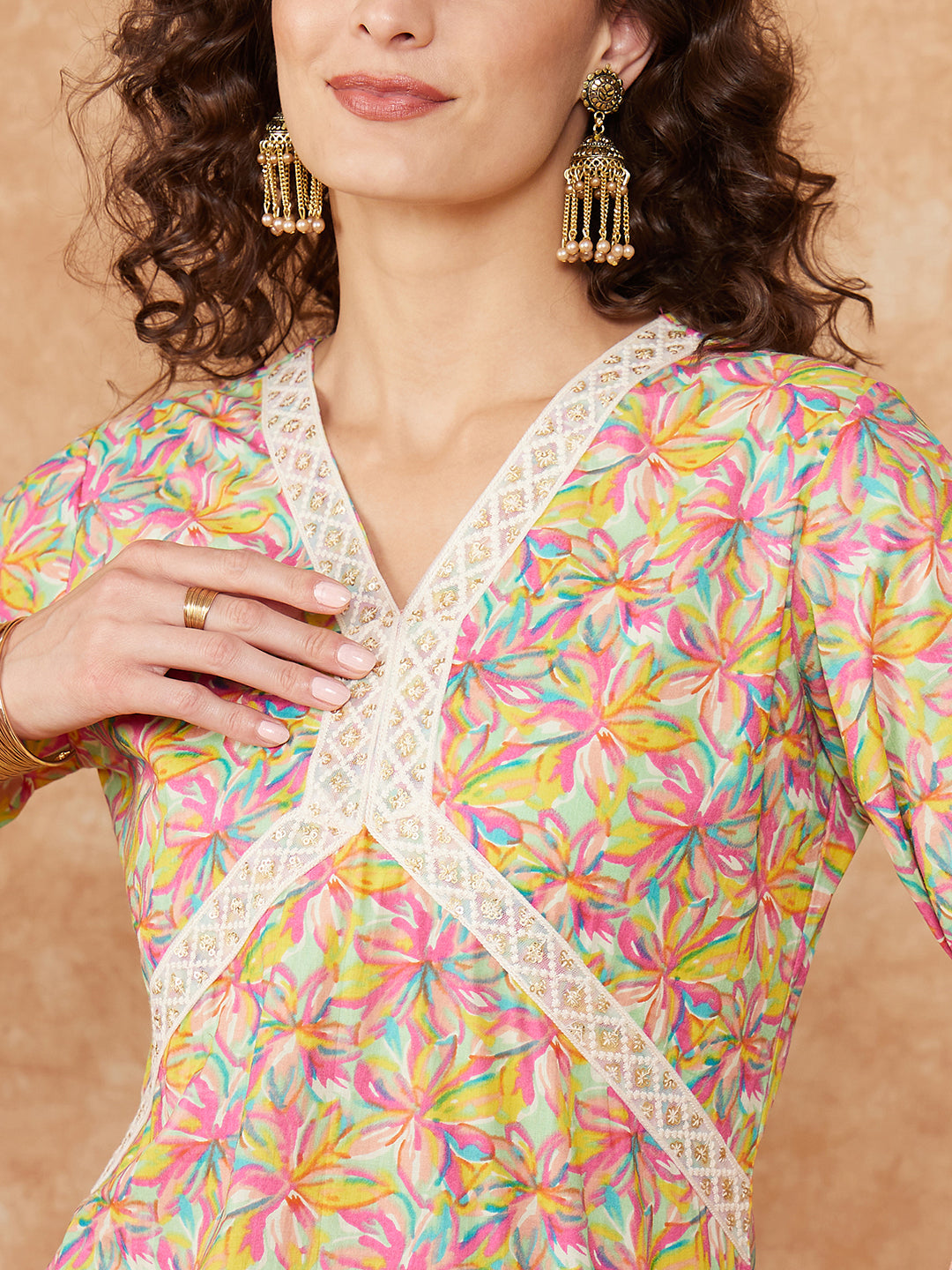 InWeave Women's Multi Floral Painted Alia Lace Work Straight Kurta
