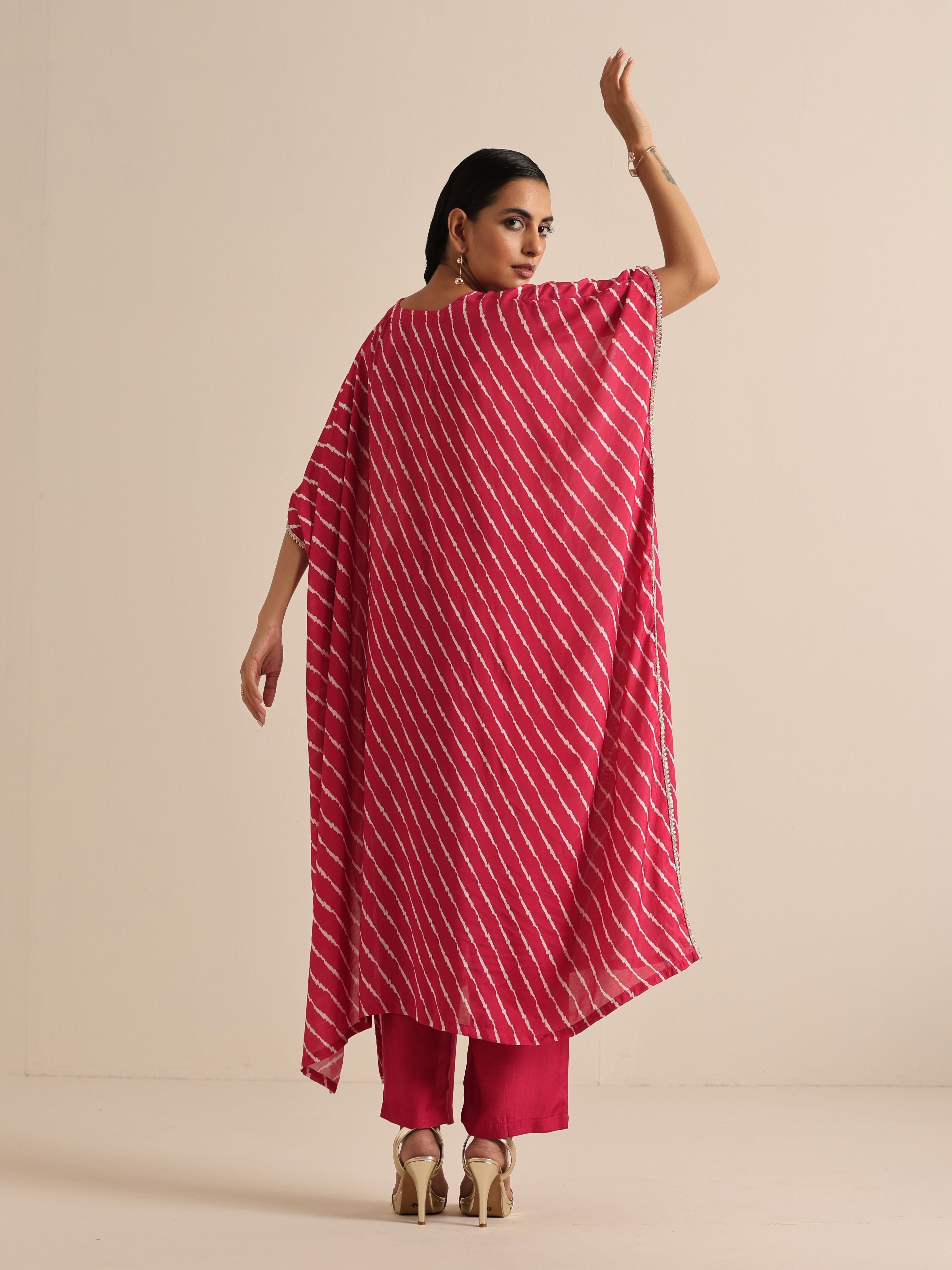 trueBrowns Pink Lehariya Printed Silk Kaftan Pant Set