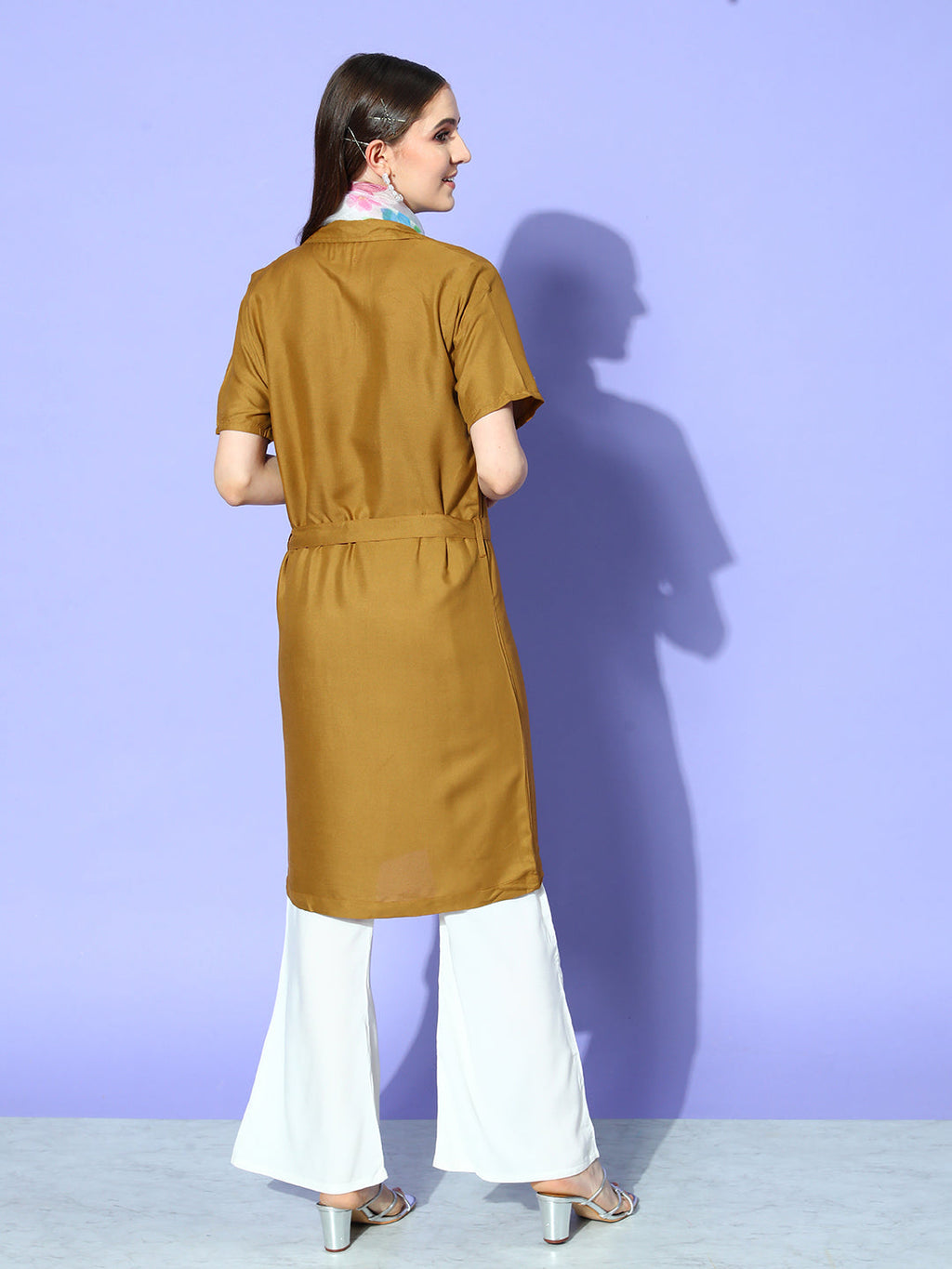 InWeave Women's Camel Brown Cream Pant Coord Set With White Butterfly Scarf