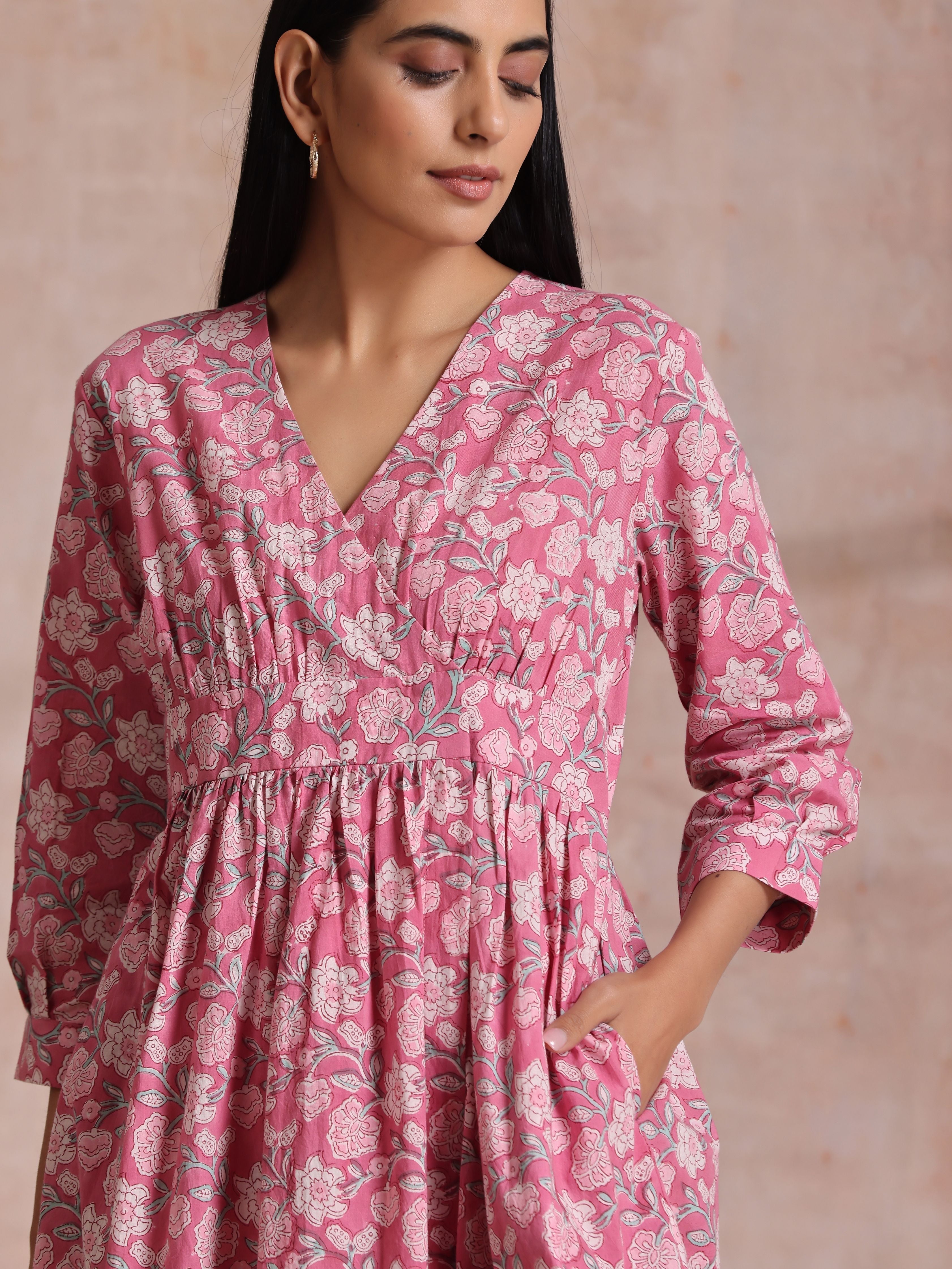 trueBrowns Pink Overall Floral Block Print Cotton Wrap Dress
