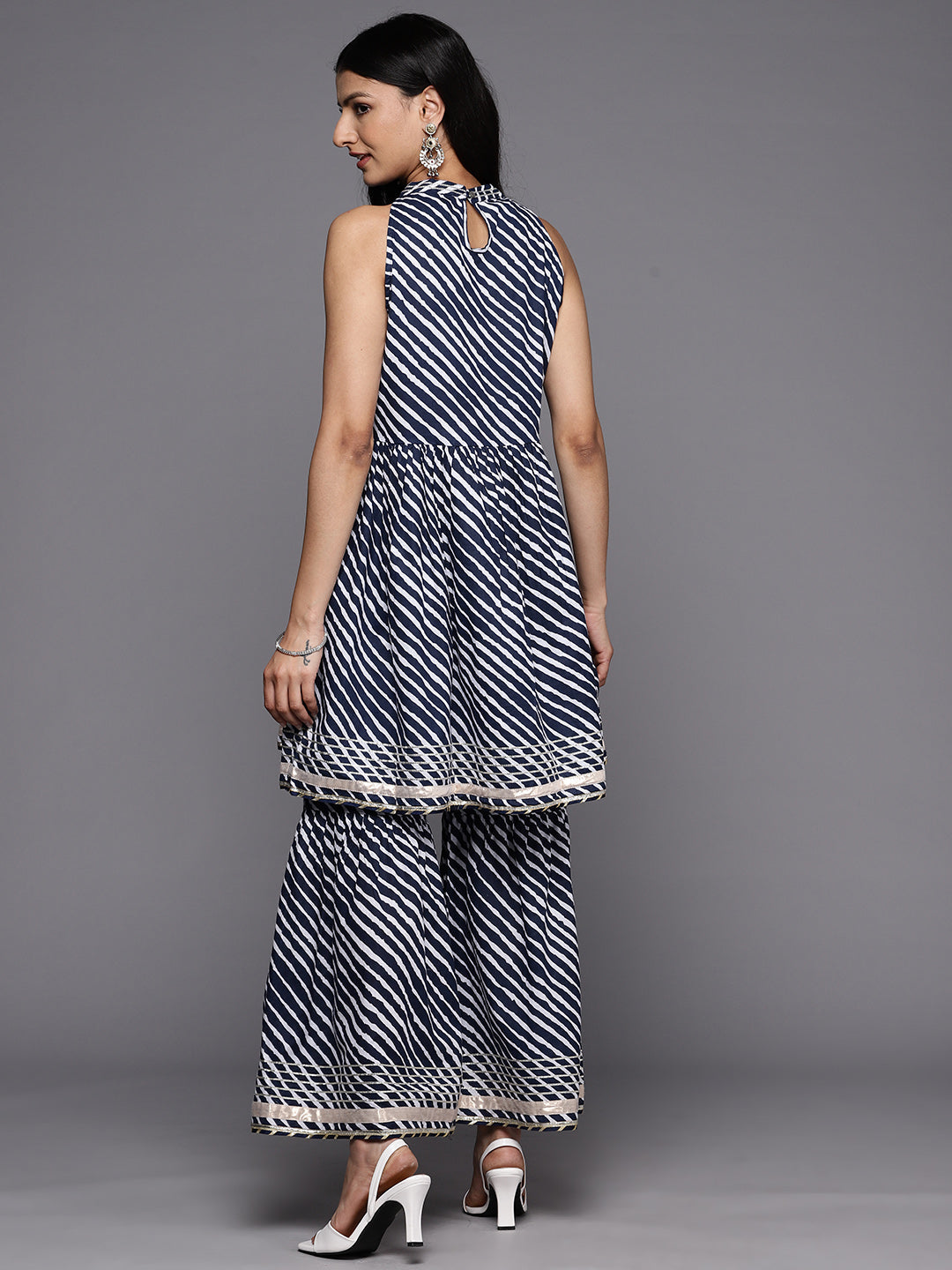KSUT (House of Varanga) Blue And White Leheriya Halter Neckline Gota Work Kurta With Sharara