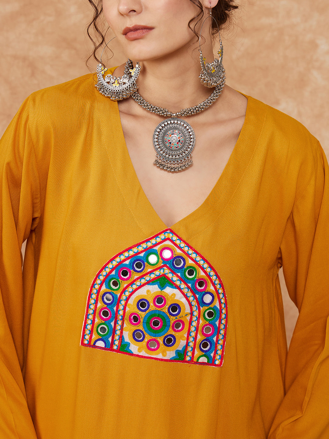 InWeave Women's Mustard Trangle Yellow Patch Work Assymentrical Kurta Set