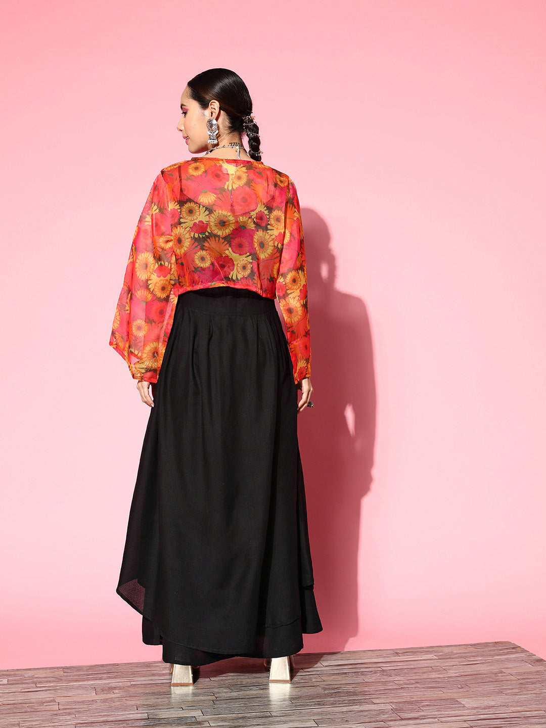 InWeave Women's Black Strappy Set With Pink Mustard Floral Short Organza Cape