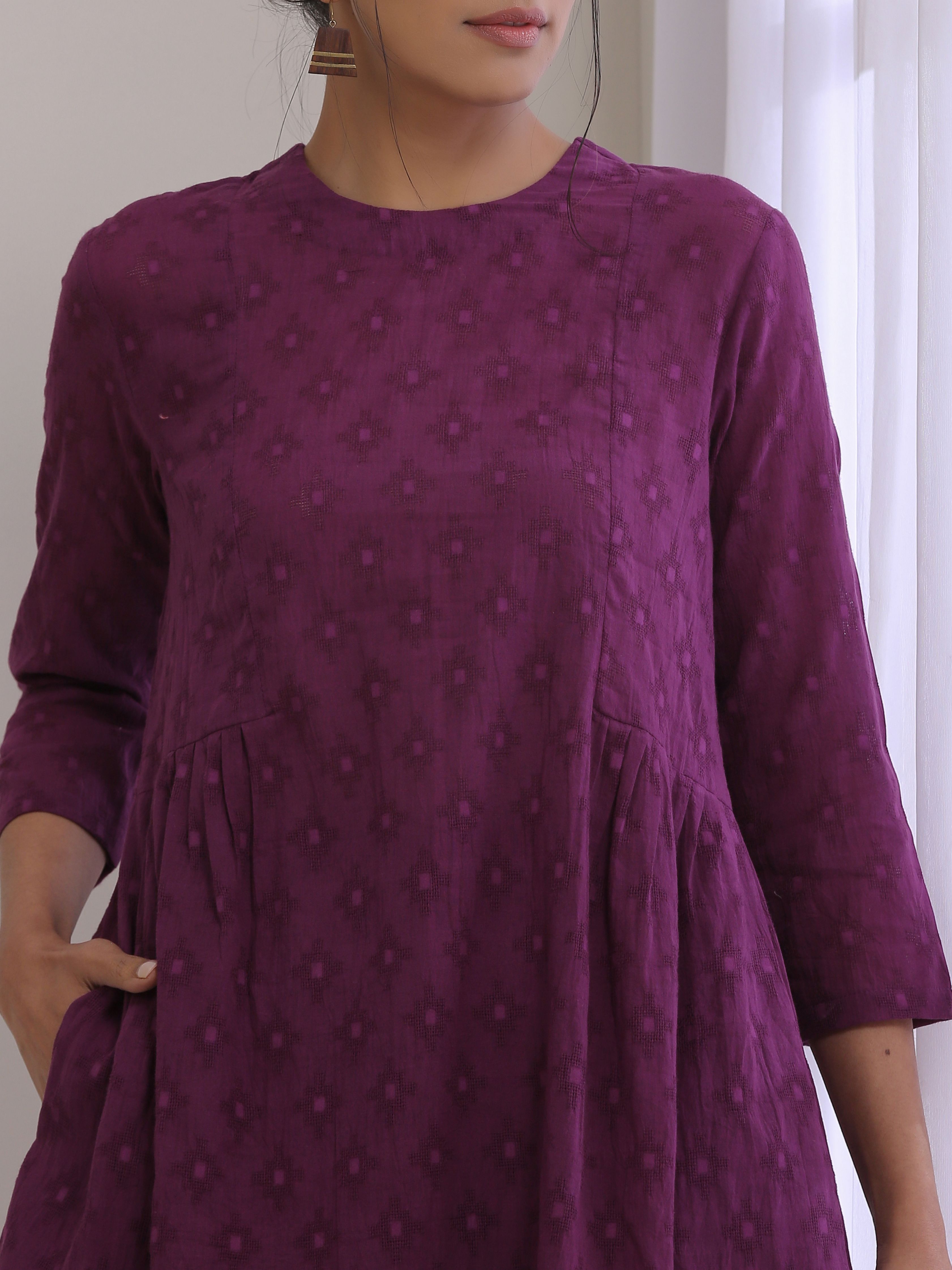 trueBrowns Plum Purple Dobby Gathers Co-Ord Set