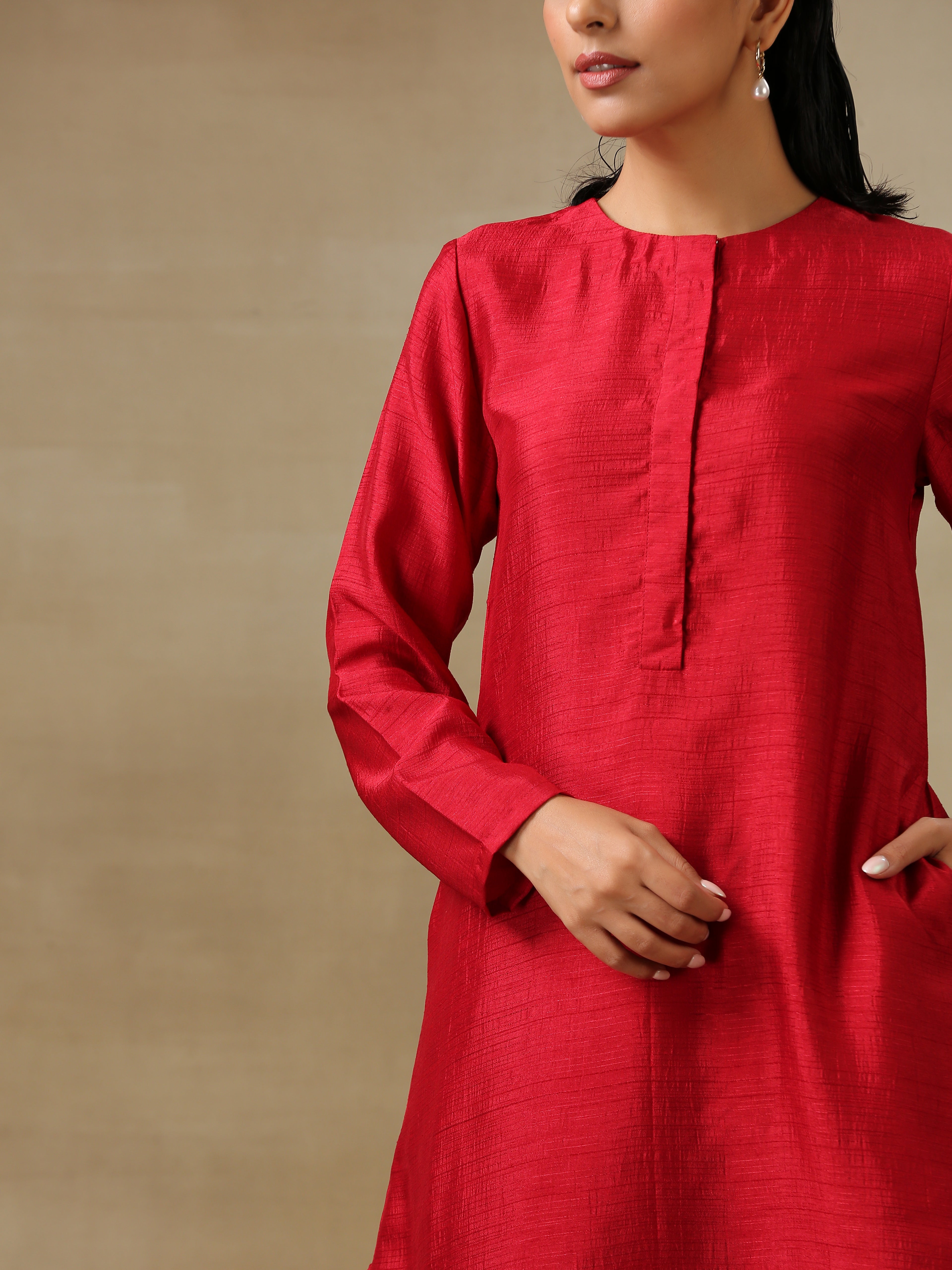 trueBrowns Maroon Textured Silk Front Placket Co-Ord Set