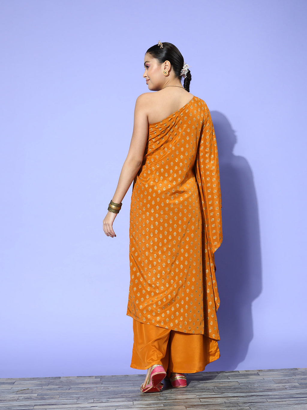 InWeave Women's Mustard Gold Print One Shoulder Kurta Set