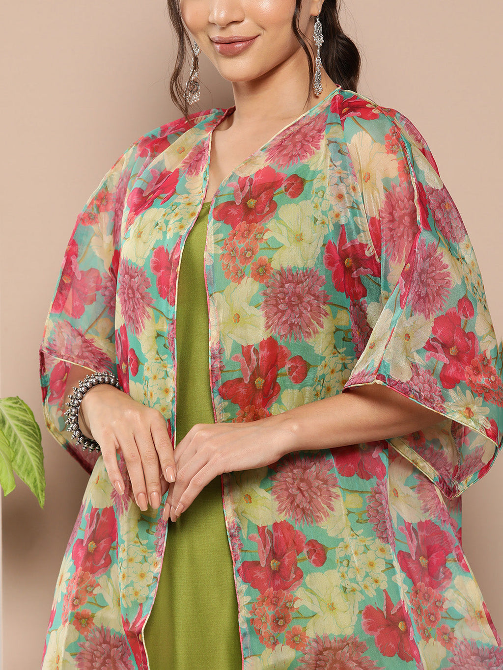 InWeave Women's Olive Green Strappy Set With Pink Green Floral Cape