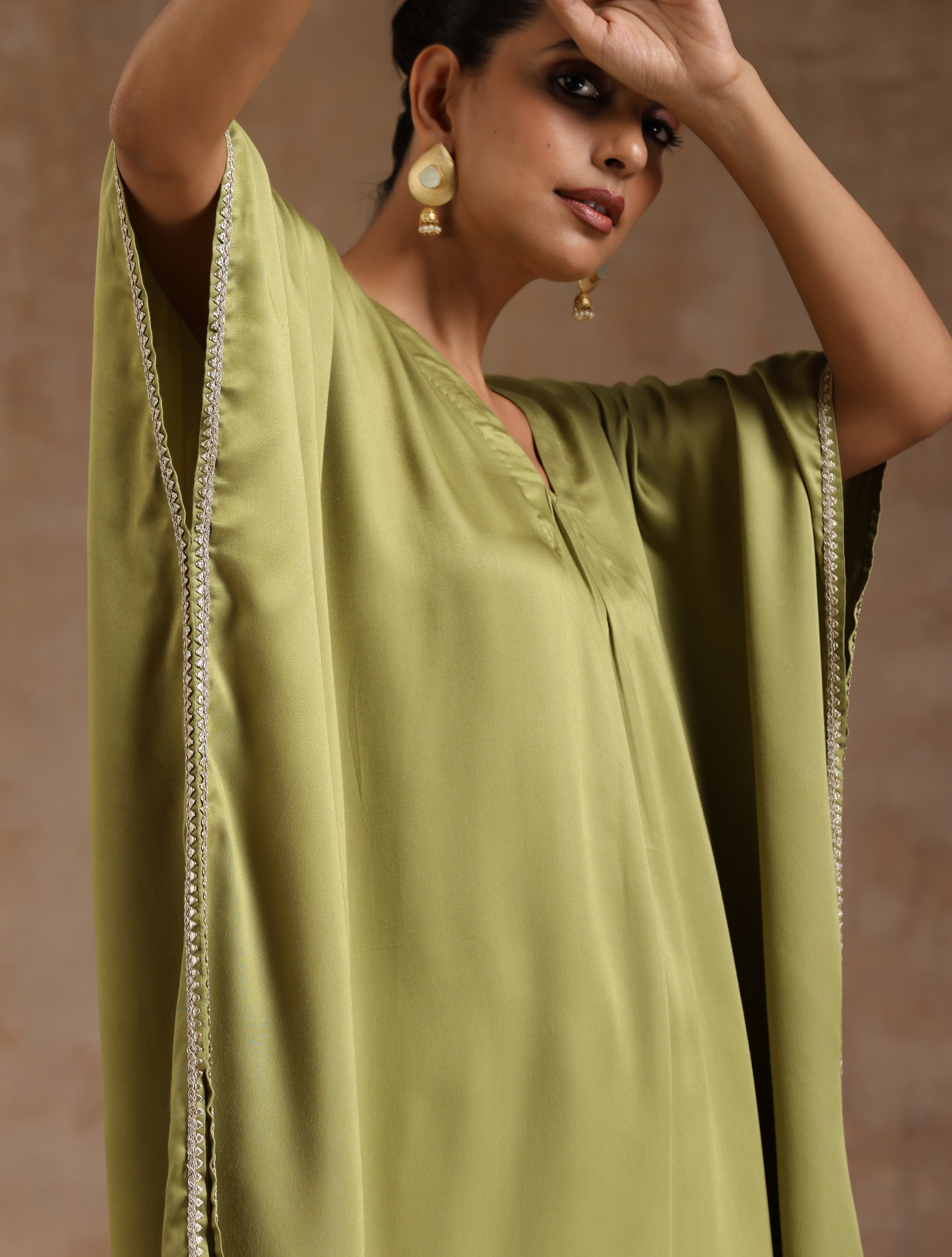 trueBrowns Light Green Modal Satin Kaftan Kurta Set