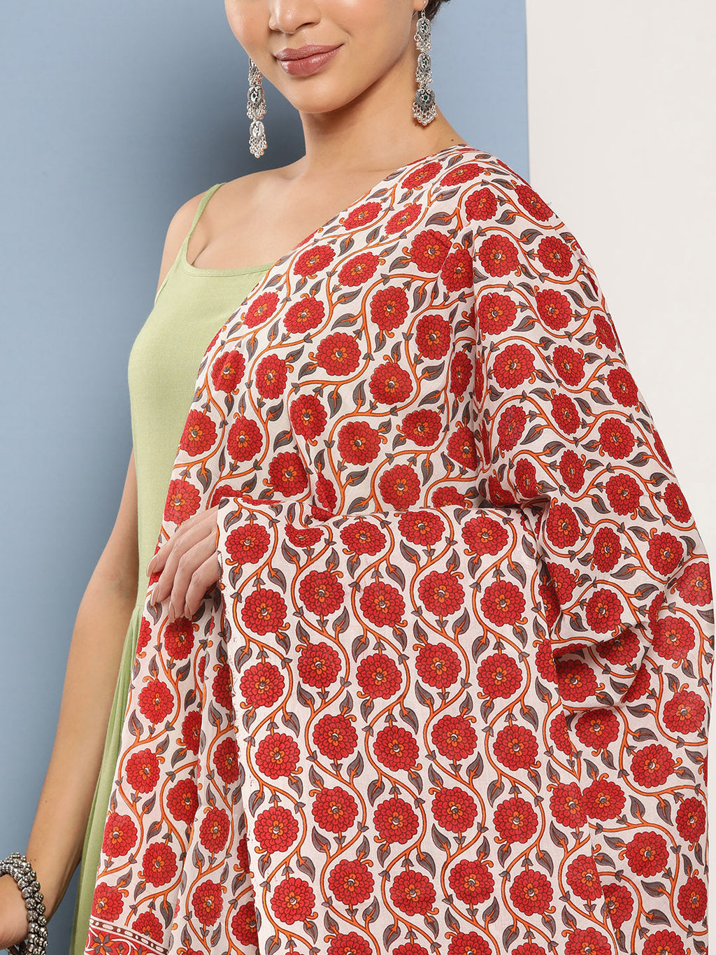 InWeave Women's Light Green Ray Strappy Set With Orange Floral Cotton Dupatta