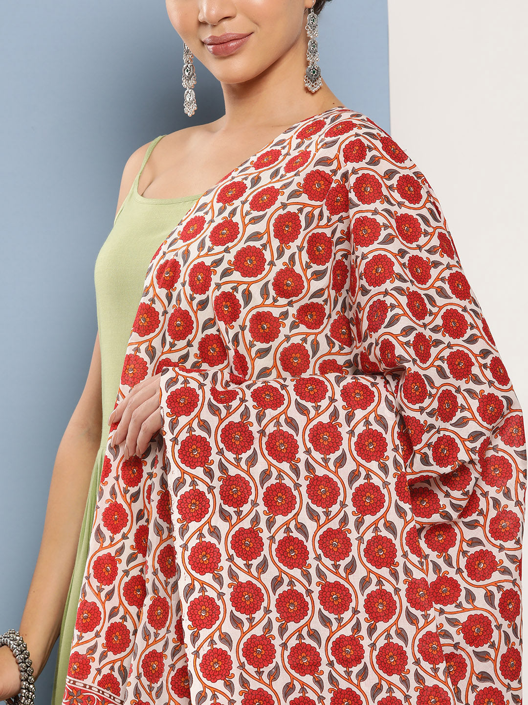 InWeave Women's Light Green Ray Strappy Set With Orange Floral Cotton Dupatta