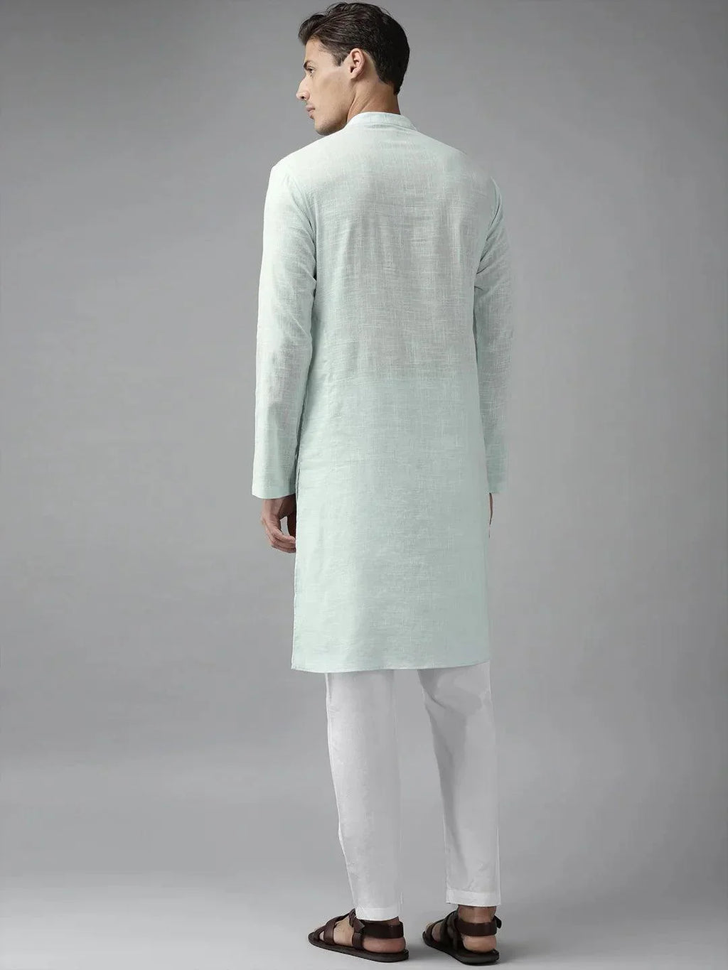 Fabmade Men Sky Blue Cotton Linen Kurta Pyjama