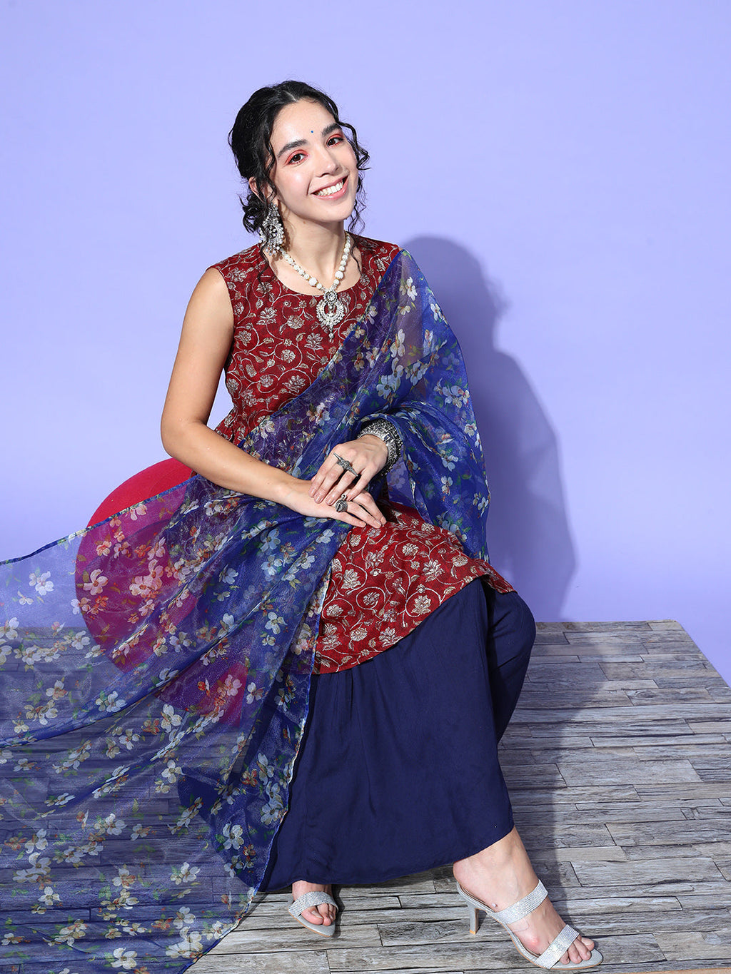 InWeave Women's Burgundy Printed Kurta Sharara Set With Blue Organza Dupatta