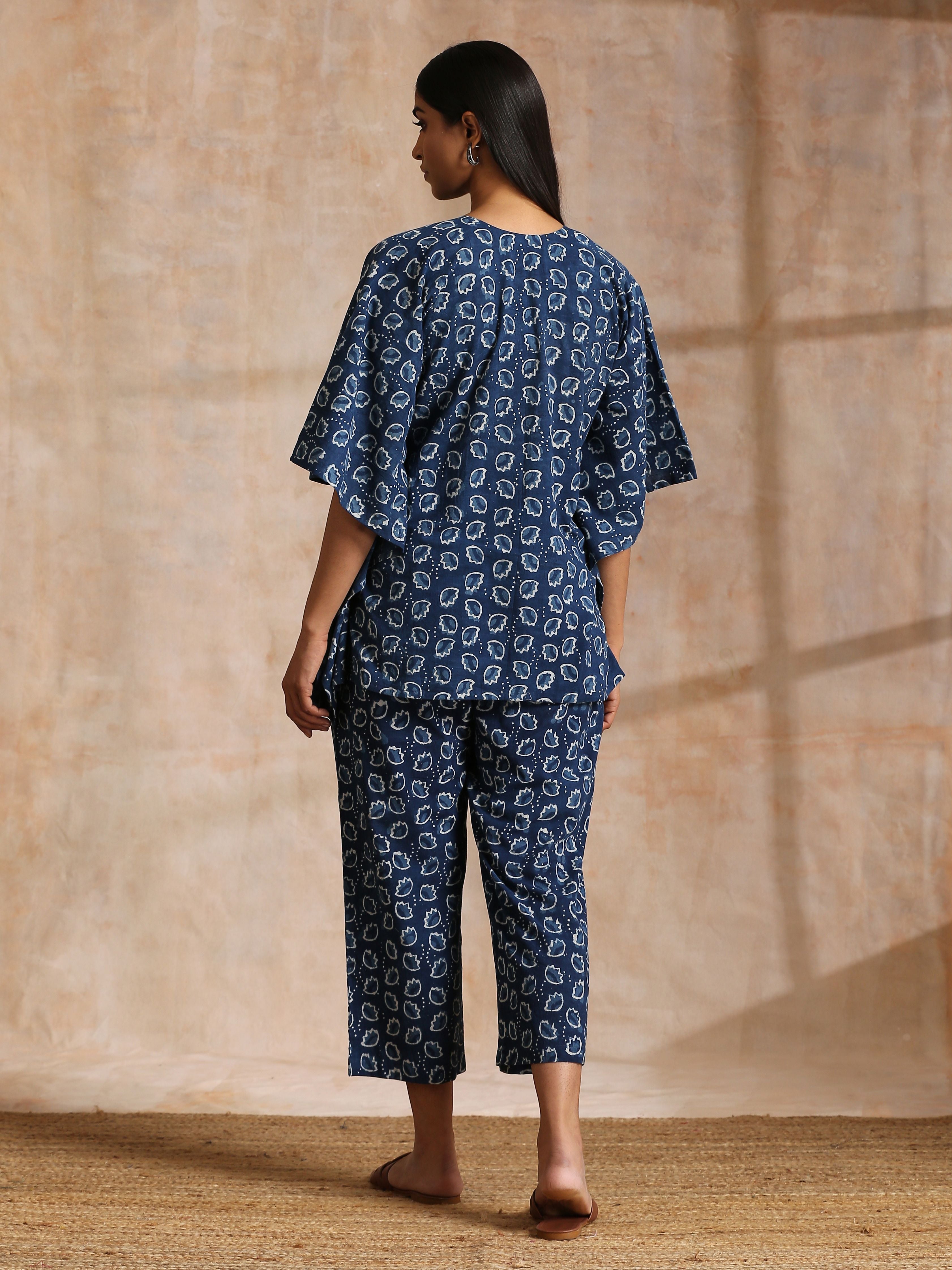 trueBrowns Indigo Dabu Floral Print Cotton Kaftan Co-Ord Set