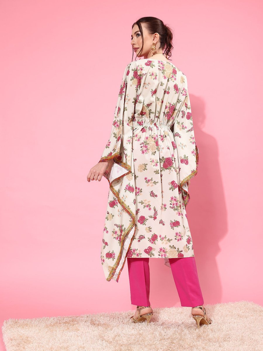 Ahalyaa Women Floral Printed Flared Sleeves Thread Work Crepe Kaftan Kurta