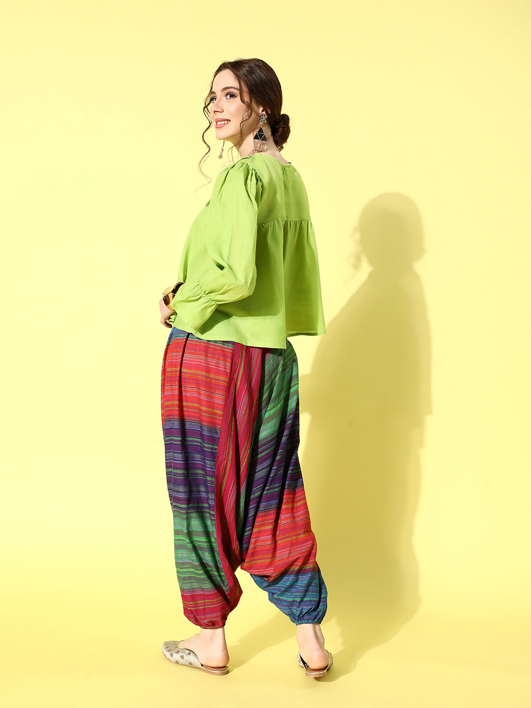 InWeave Women's Green Top With Multi Clr Harem Set