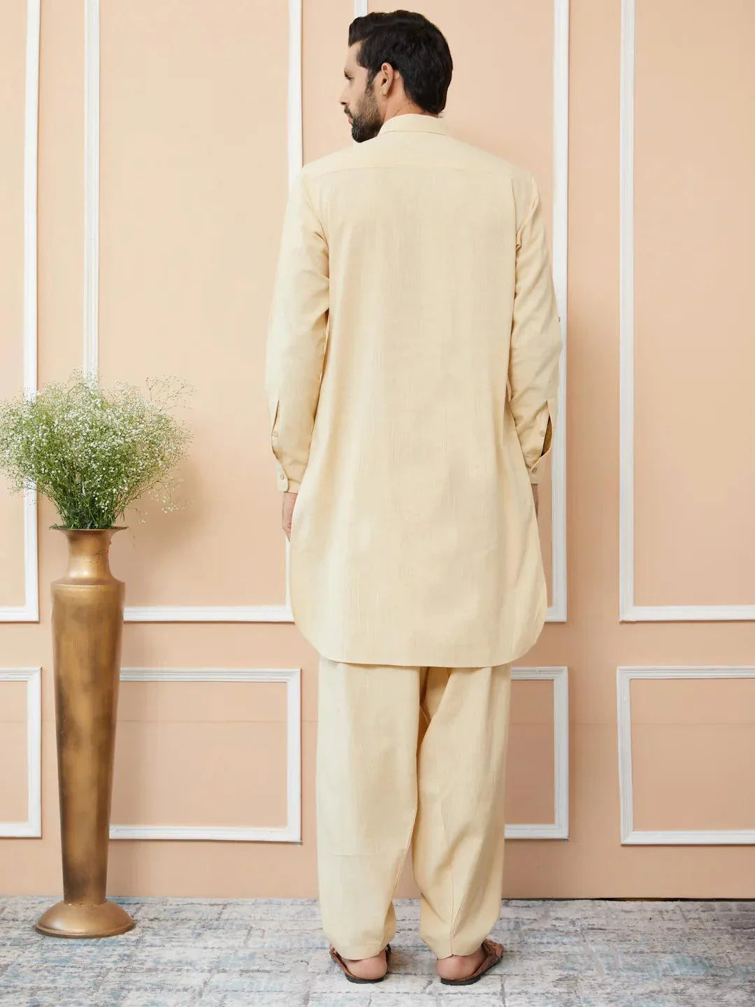 Fabmade Beige Cotton Linen Pathani Kurta With Salwar