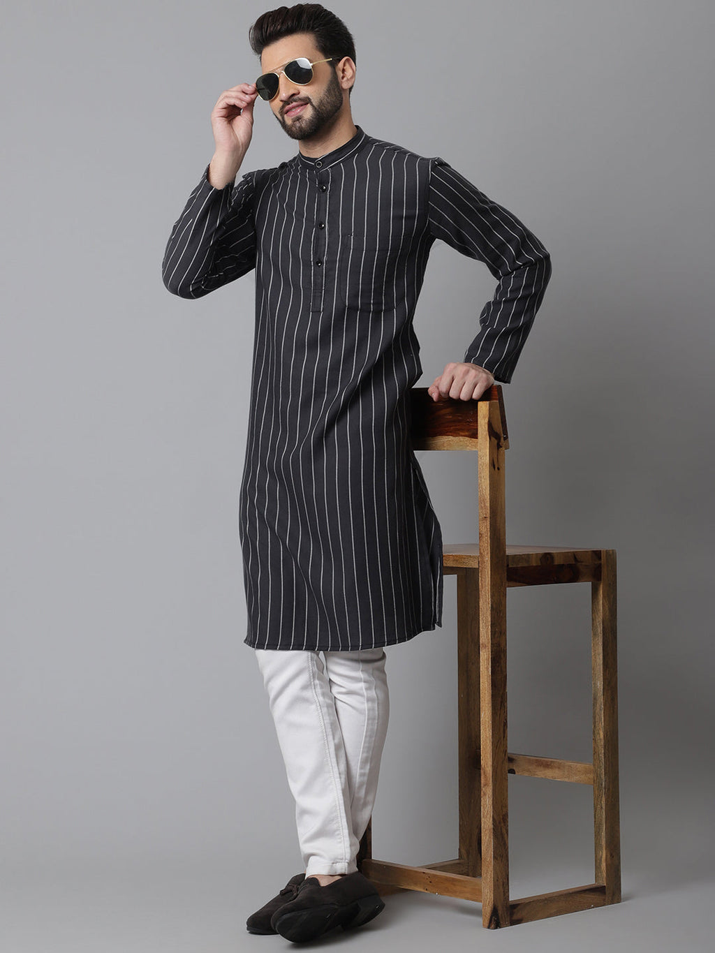 Even Apparels Black Pure Cotton Kurta With Band Collar