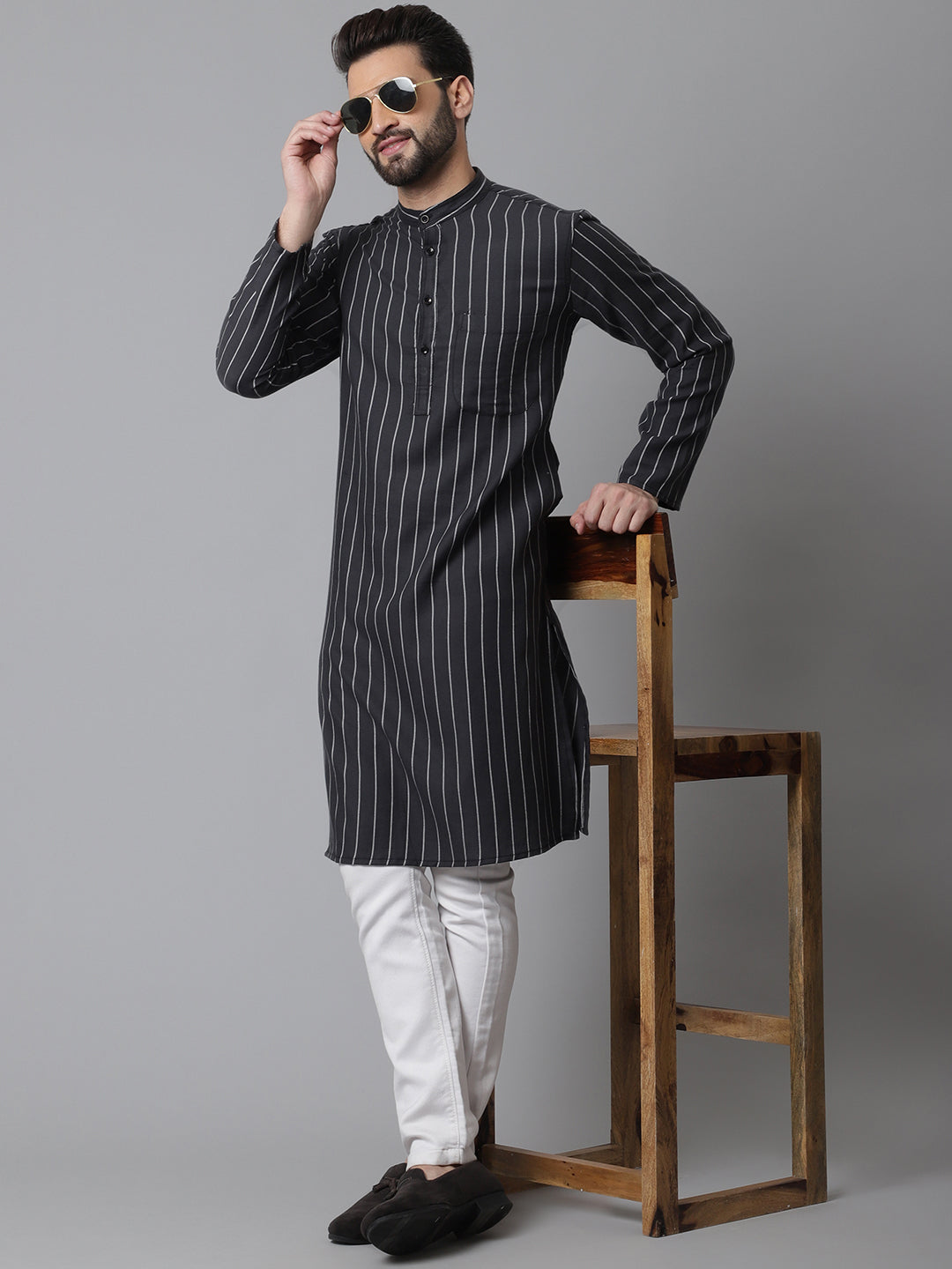 Even Apparels Black Pure Cotton Kurta With Band Collar