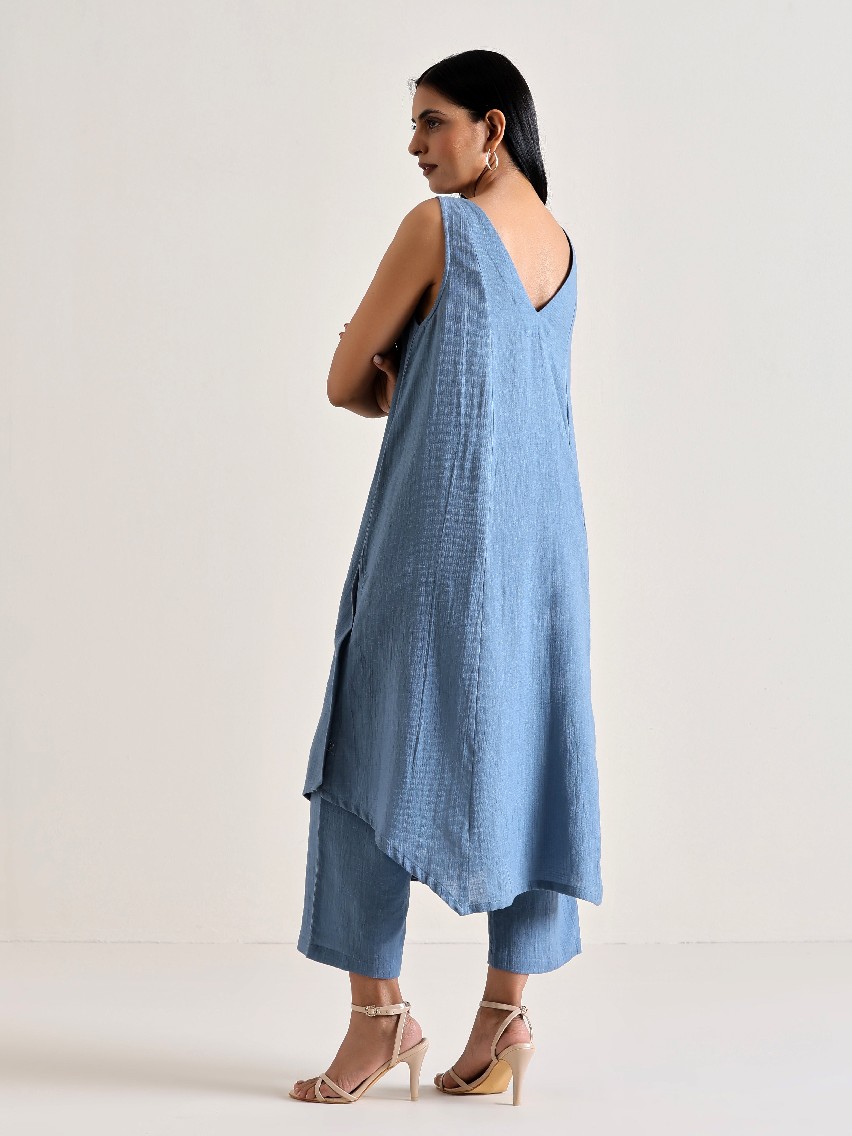 trueBrowns Light Blue Sleeveless Flared Kurta Pant Set